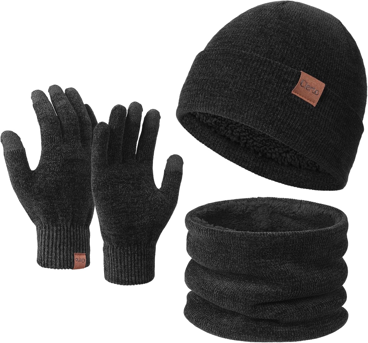 Cierto Winter Knit Beanie Hat Gloves Set for Men Women, Neck Warmer Scarf and Touch Screen Gloves