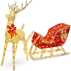 Best Choice Products Lighted Christmas 4ft Reindeer & Sleigh Outdoor Yard Decoration Set w/ 205 LED Lights, Stakes, Zip Ties - Gold