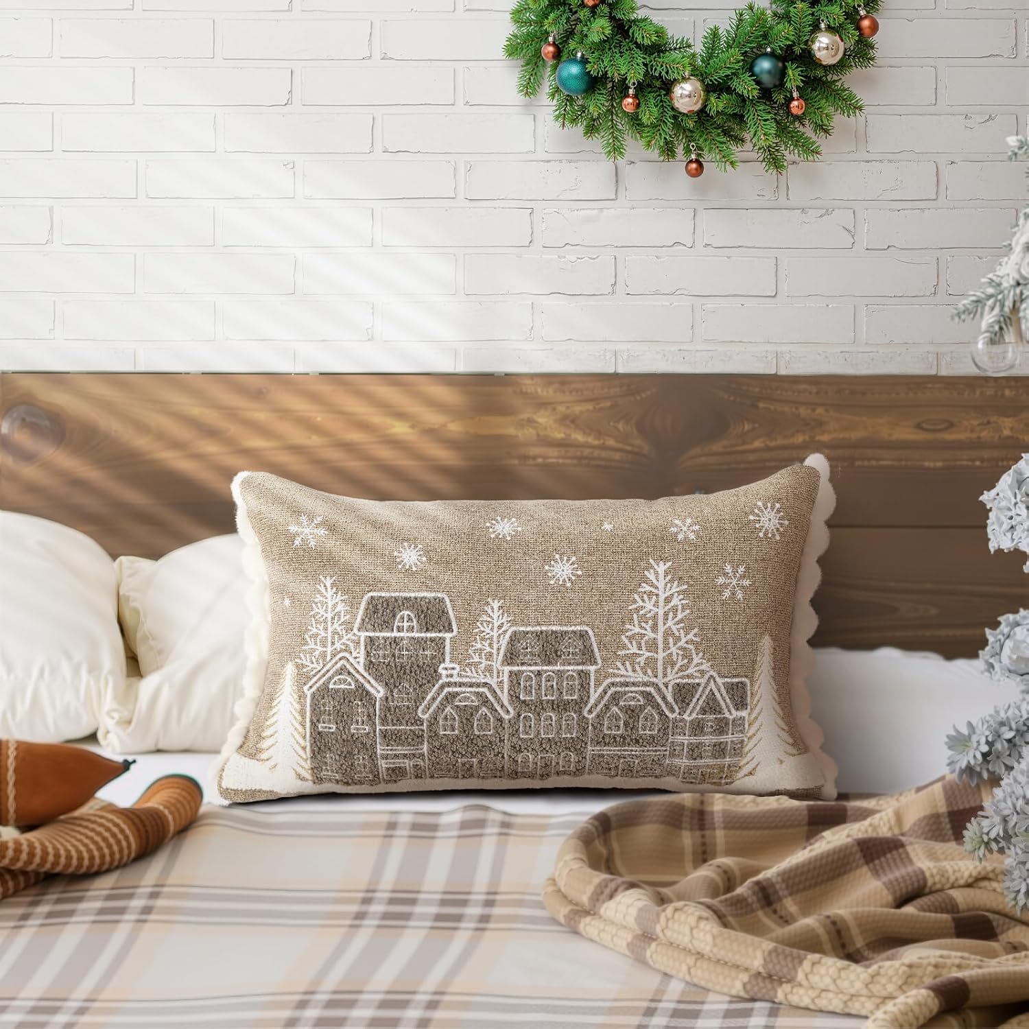 Lewondr Christmas Throw Pillow Cover, 1 PCS 12 x 20 Inch Snowflake & Hut Embroidery Throw Pillow Case, Soft Chenille & Faux Xmas Pillow Cover for Couch Bed Home Decor Living Room Bed Room