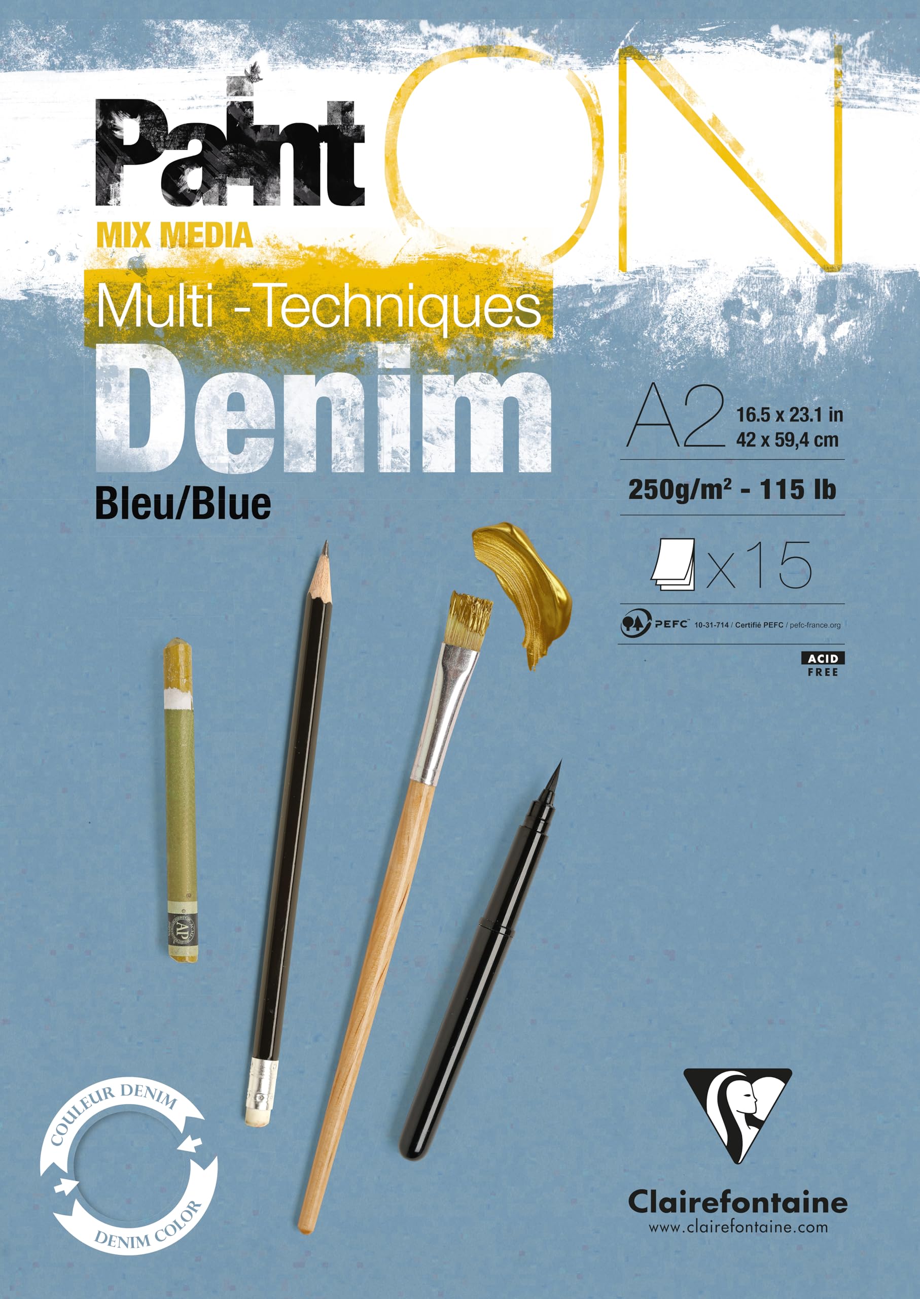 Clairefontaine 975703C bloc PaintON Bleu Denim 15 Feuilles A2 250g