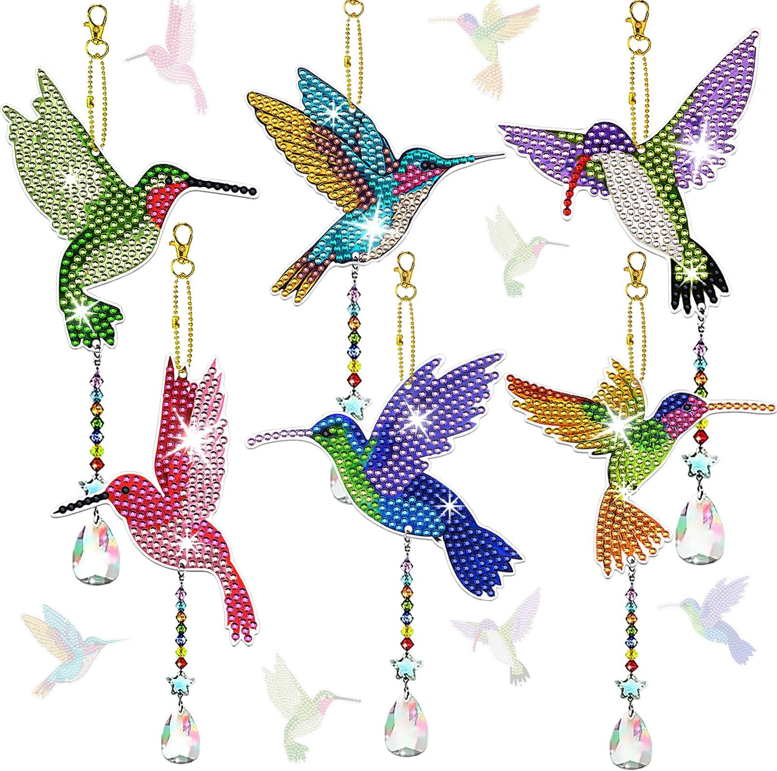 6 Pcs Diamond Painting Wind Chimes Rhinestone Hummingbird Diamond Art Suncatcher Double Sided 5D DIY Diamond Painting Kits for Adults Christmas Ornament Best Gifts for Mom