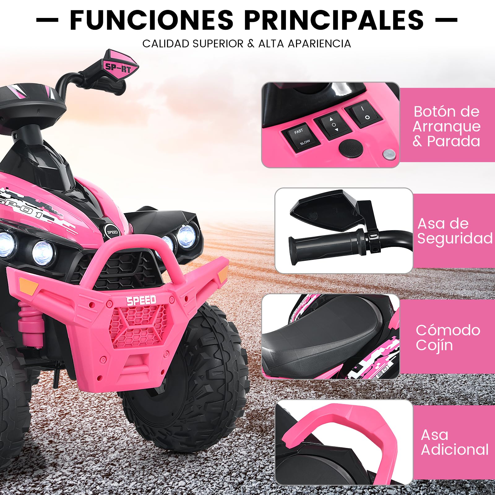 RELAX4LIFE Quad Eléctrico para Niños 12V 2,2-4,3km/h Velocidad Ajustable Faro LED Bocina Música Carga 35kg Rosa