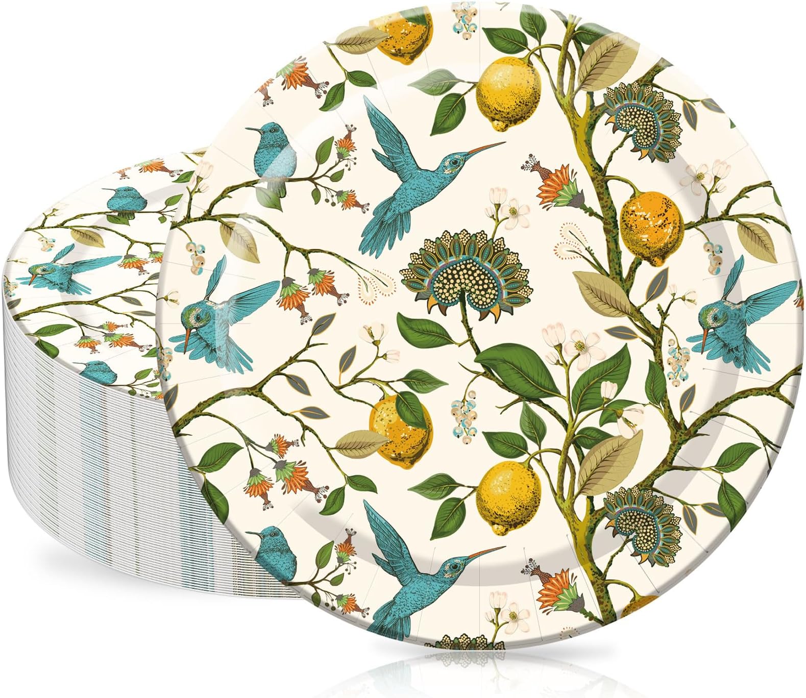40Pcs Lemon Paper Plates Vintage Bird Leaves Disposable Plates 9 Inch Decorative Dinner Plates for Spring Summer Wedding Birthday Party Supplies