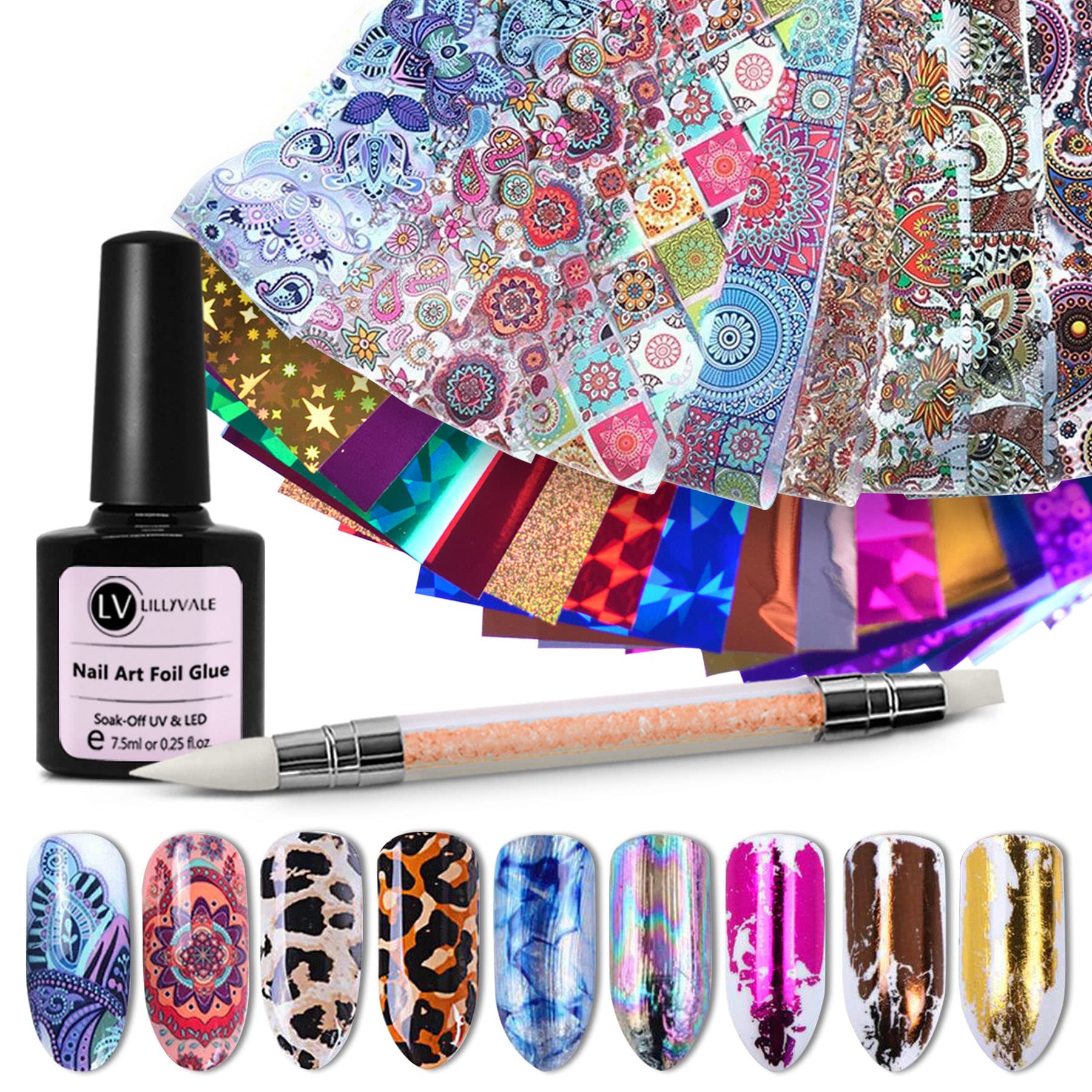 Lillyvale Nail Foil Transfer Gel Glue Sticker for Gel Nails Art Laser Decoration Glitter Decal Manicure UV LED Lamp Required DIY Soak Off (50pcs foil Set)