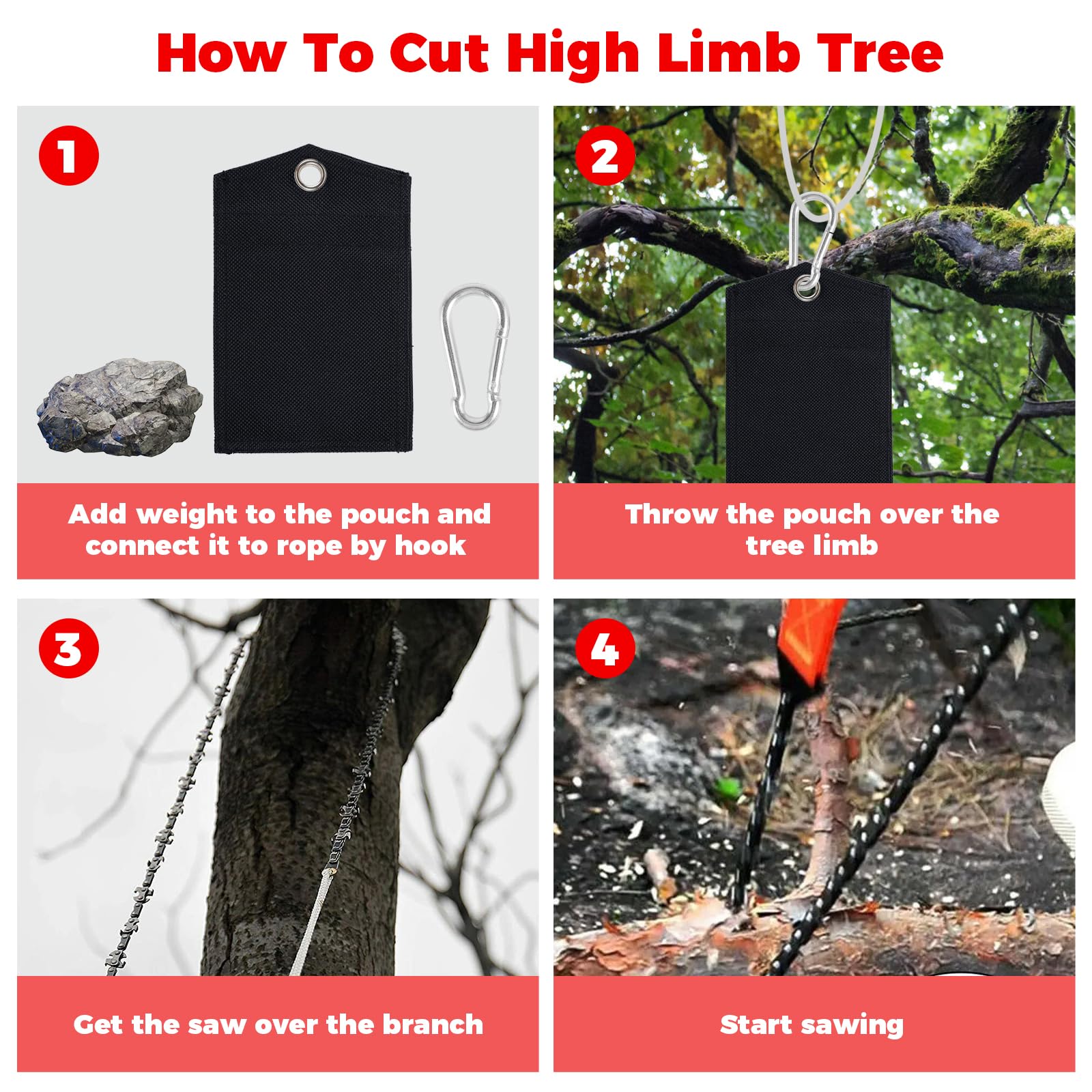 Sierra de cuerda de 53 pulgadas de alto alcance para ramas de árbol, cadenas de sierra de cuerda de mano con 68 dientes y cuerdas plegables, sierras de cadena para podar árboles, motosierra de