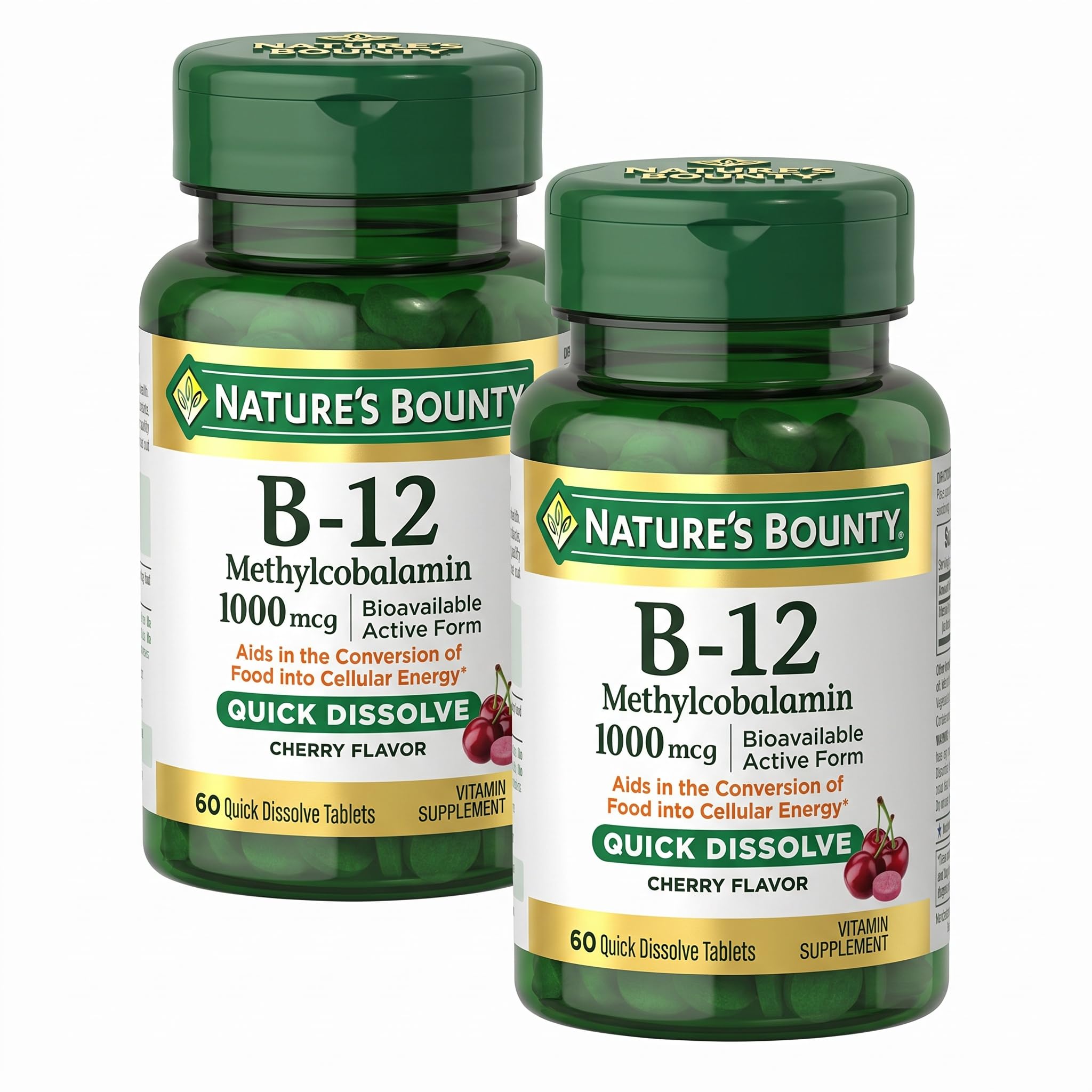 Nature's Bounty Vitamin B-12 Quick Dissolve Tablets,1000mcg,Aids in the Conversion of Food into Cellular Energy,Cherry Flavor,60ct,(Pack of 2)