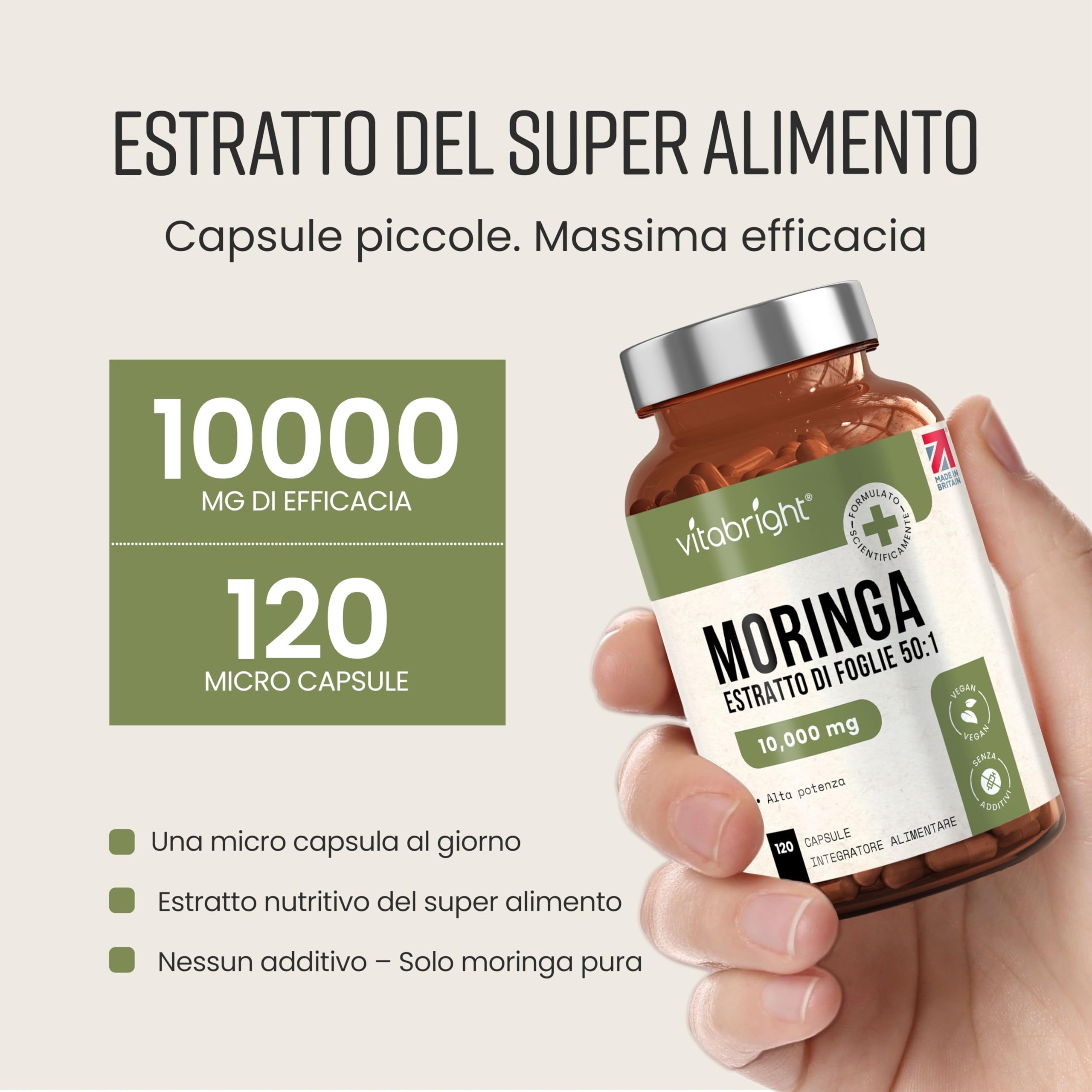 Capsule di Moringa Pura | Alto Dosaggio 10.000 mg | 4 Mesi – 1 al Giorno | Senza Additivi | Capsule di Superalimento Vegano in Polvere | Estratto Puro di Foglia di Moringa | VitaBright