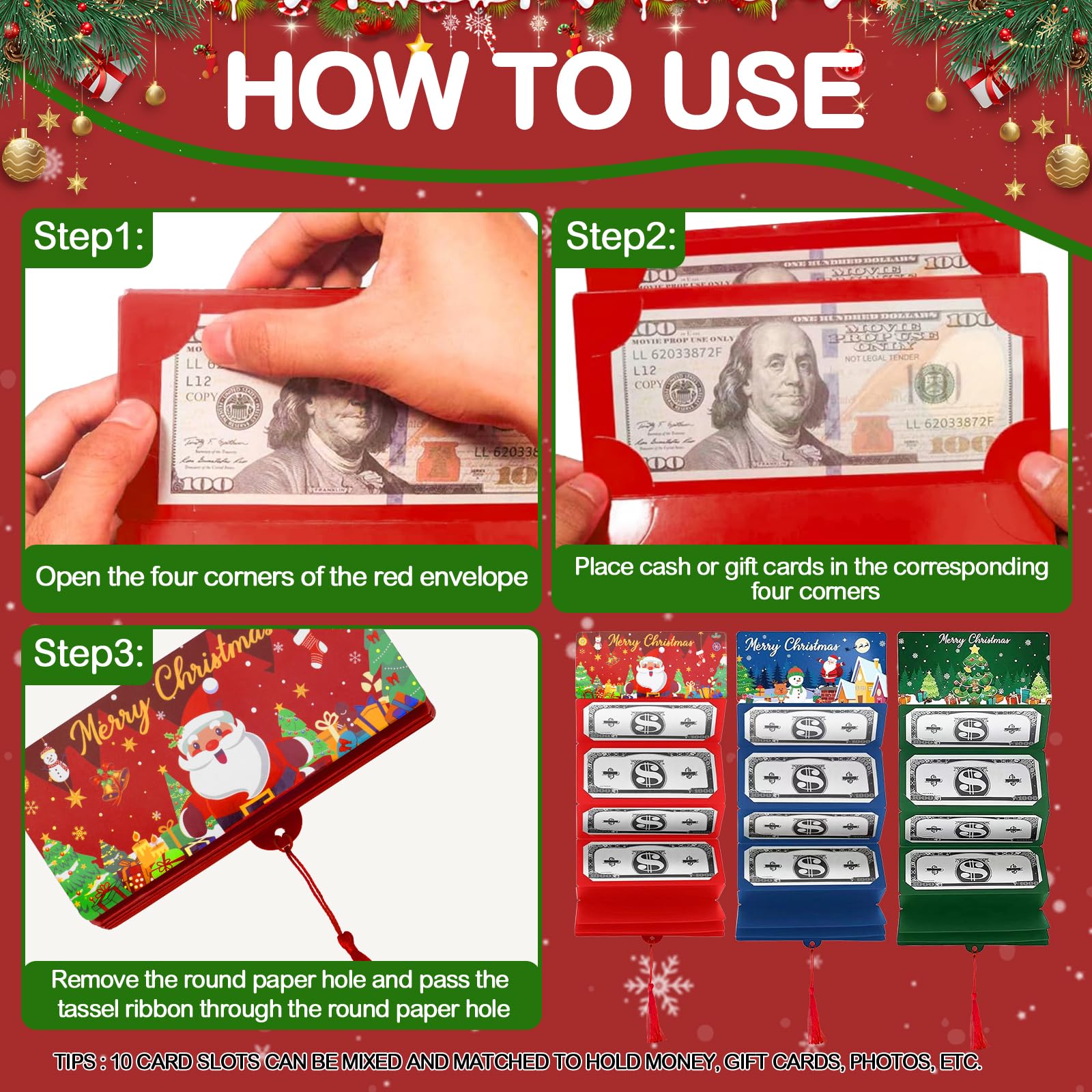 Lot de 3 porte-billets de Noël ou de cartes cadeaux, porte-monnaie pour surprise de Noël, avec 10 compartiments, convient pour la famille et les amis (rouge, bleu et vert)