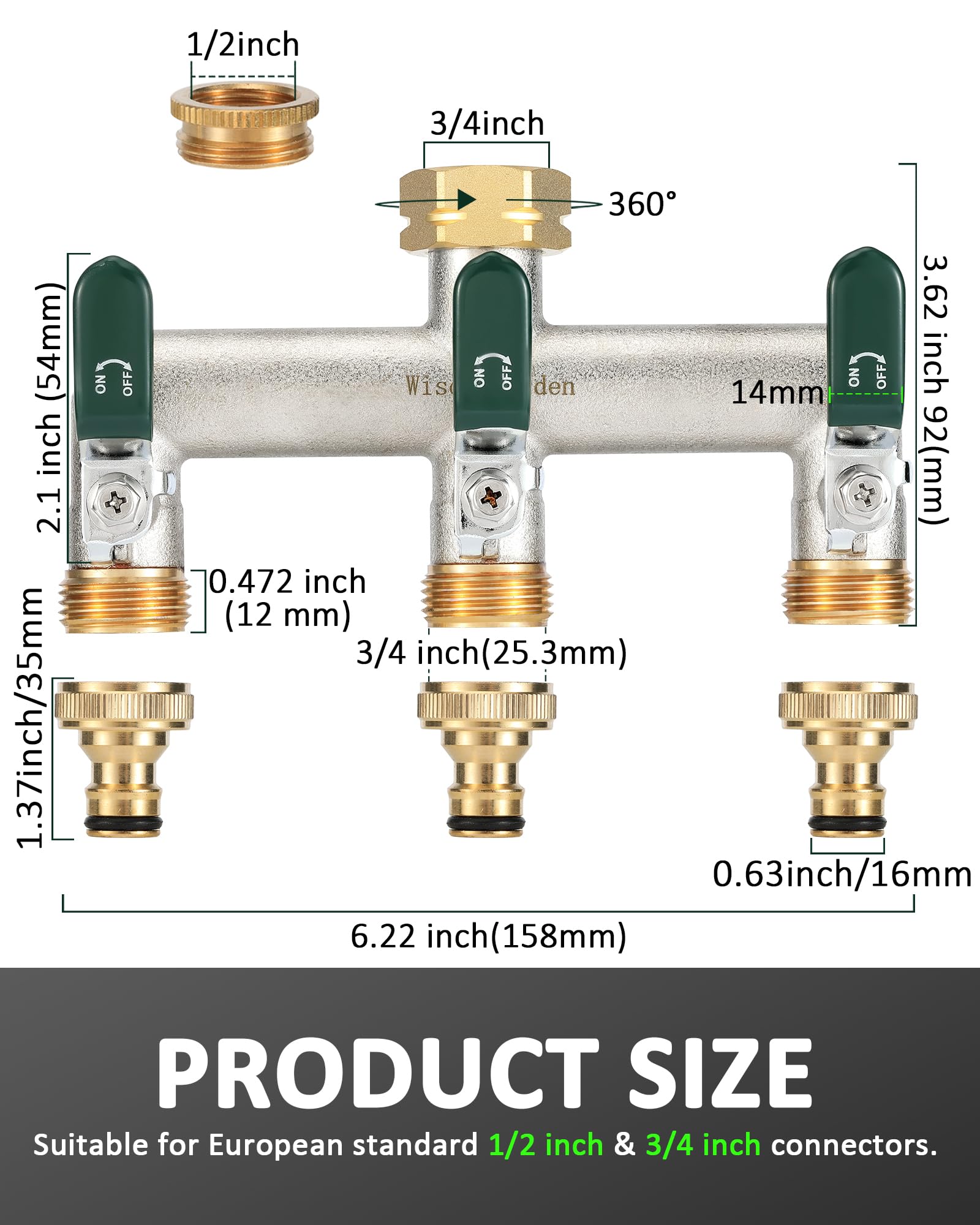 Wasserverteiler 3fach, 3 Wege Verteiler Wasser, Vernickelt Messing Wasserhahn Verteiler, Garten Verteiler 3 Wege mit Grün Griffen, 3/4 Zoll Robustheit Sechskant-Verbinder mit 1/2 Zoll Adaptern