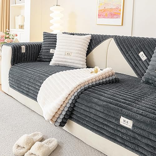 Miniatura 5 de Funda para sofá de piel sintética, antideslizante a rayas, funda de sofá de felpa de conejo (negro, 36 x 82 pulgadas, funda de sofá de 4 plazas)