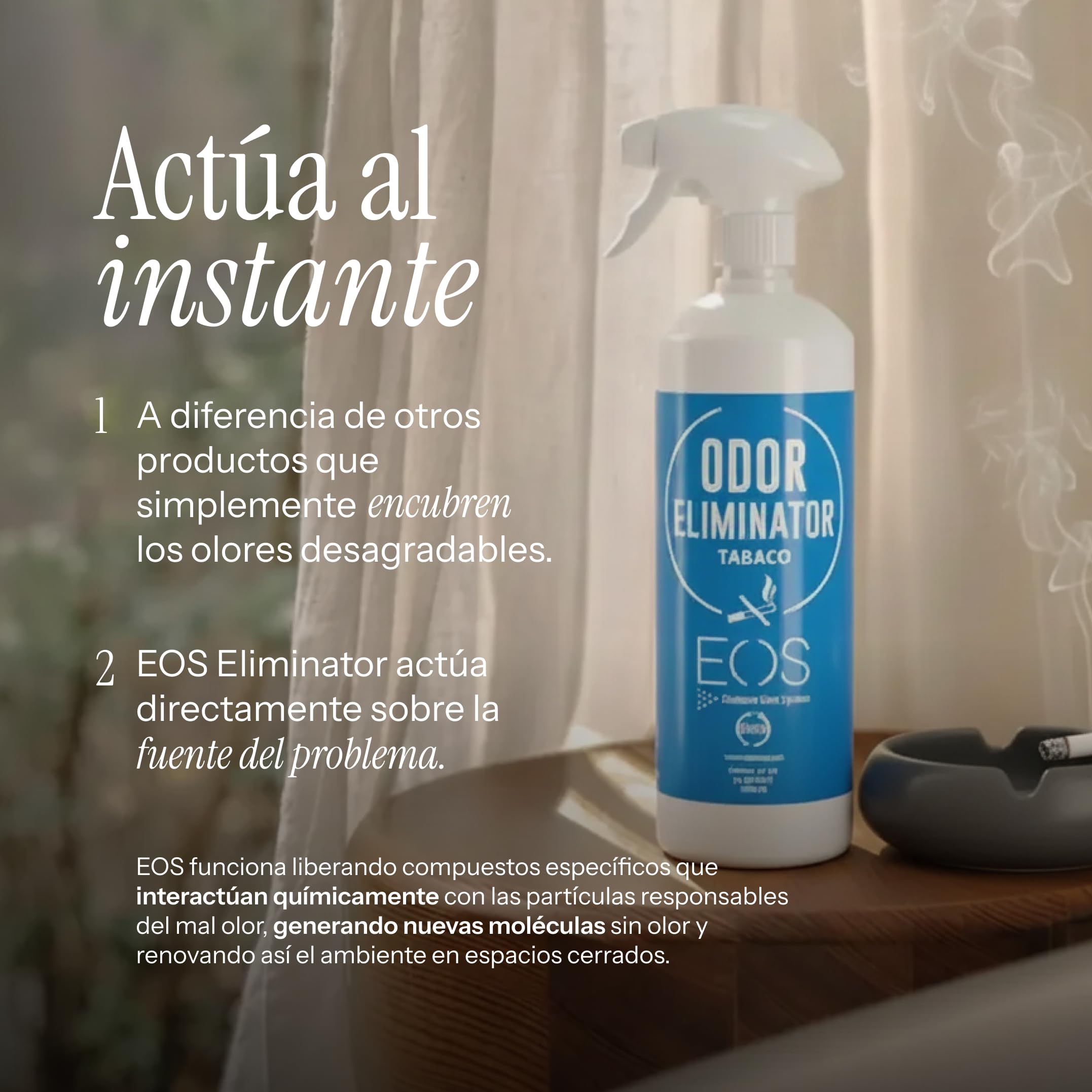 EOS - Eliminador de olores en spray, potente neutralizador de olores especializado para quitar malos olores en tejidos. Ambientador potente ideal para el hogar, muebles, bares, restaurante, coches