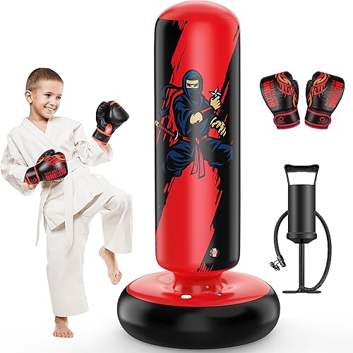 QPAU Saco de boxeo para niños, bolsa de boxeo inflable estable de 66 pulgadas con guantes de boxeo, juguete de saco de boxeo para niños y niñas de 5