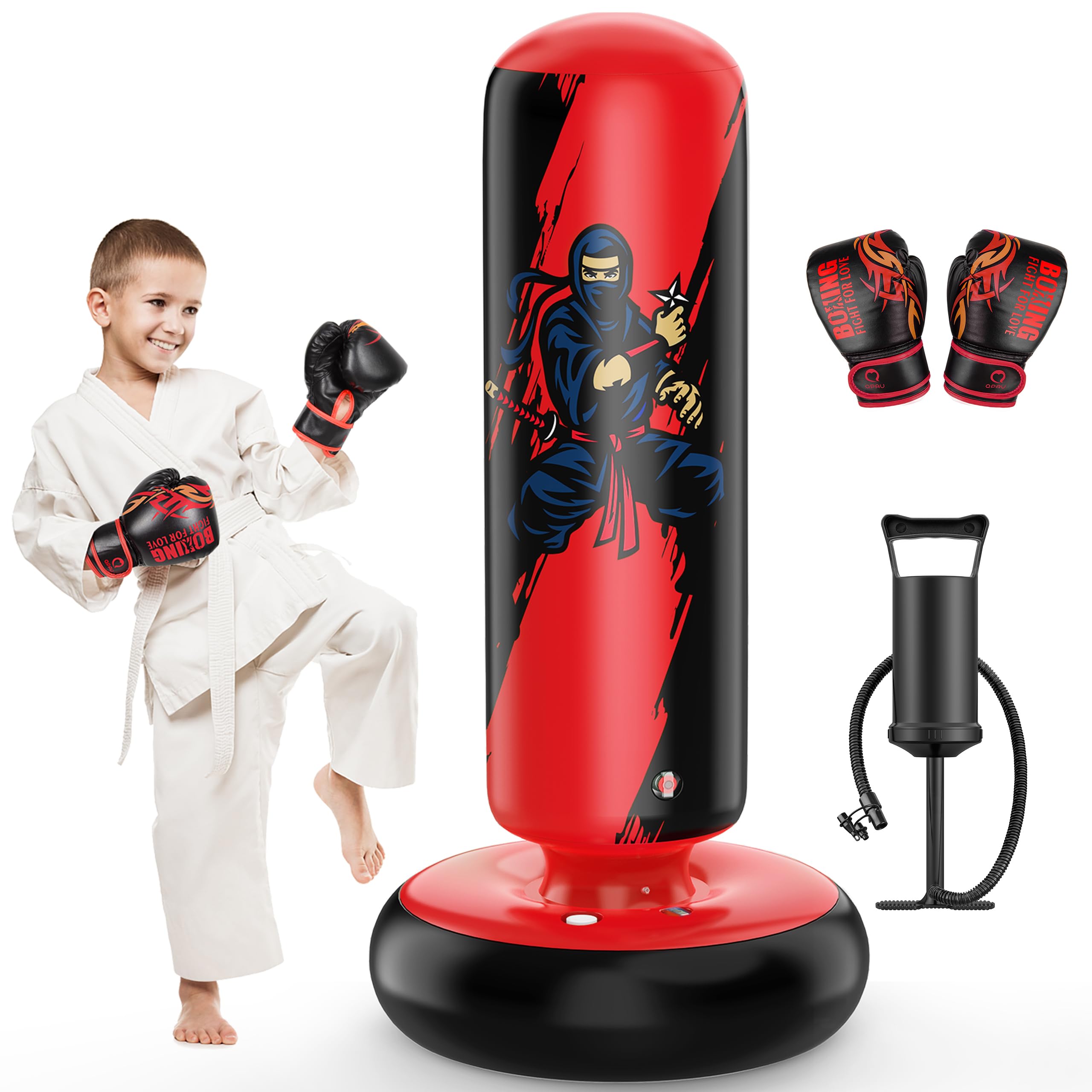 QPAU Punching Bag for Kids, 66 Inch Stable Inflatable Boxing Bag with Boxing Gloves, Stand Kids Punching Bag Toy for Boys &amp; Girls Age 6-12, Boxing Set for Practicing Karate, Taekwondo, MMA