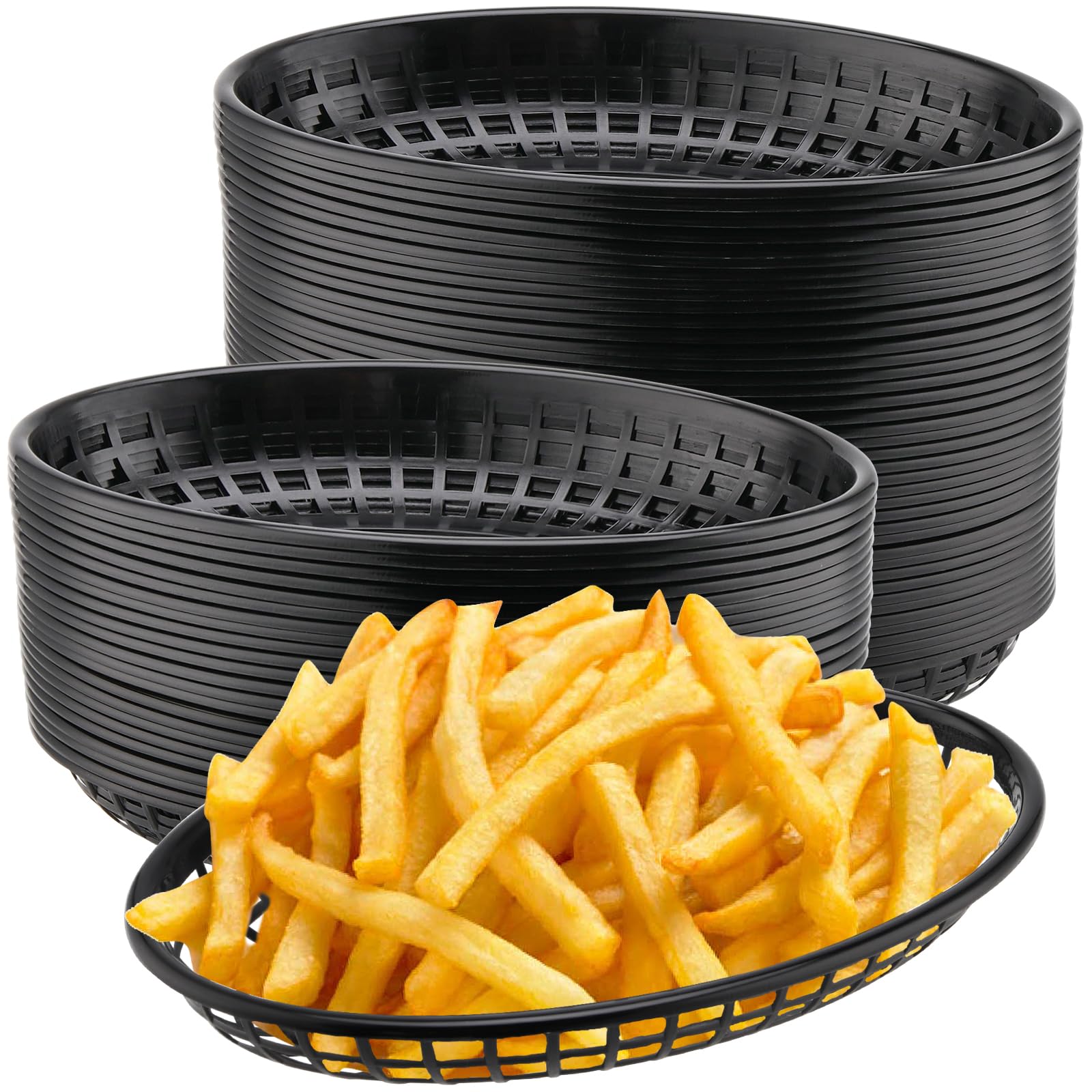 HEIHAK 60 Pack 9x5.7x1.6 Inch Black Plastic Fast Food Baskets, Restaurant Serving Basket, Oval Fast Food Serving Baskets for Picnic, Chicken, Burgers and Fries
