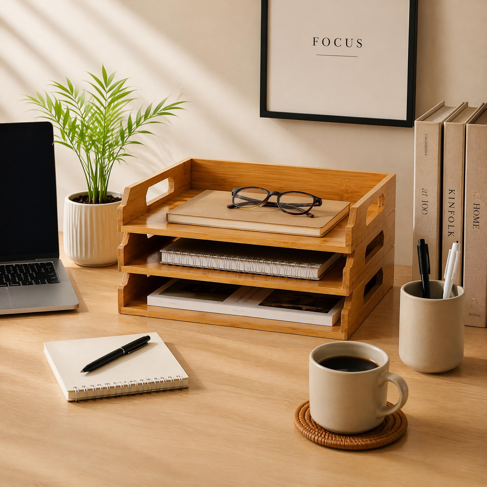 Okllen 3 Pack Stackable Paper Trays, Bamboo Desk Letter Tray Set, 3 Tier File Document Organizer Tray for A4 Paper, Magazine, Receipts, Office Supplies