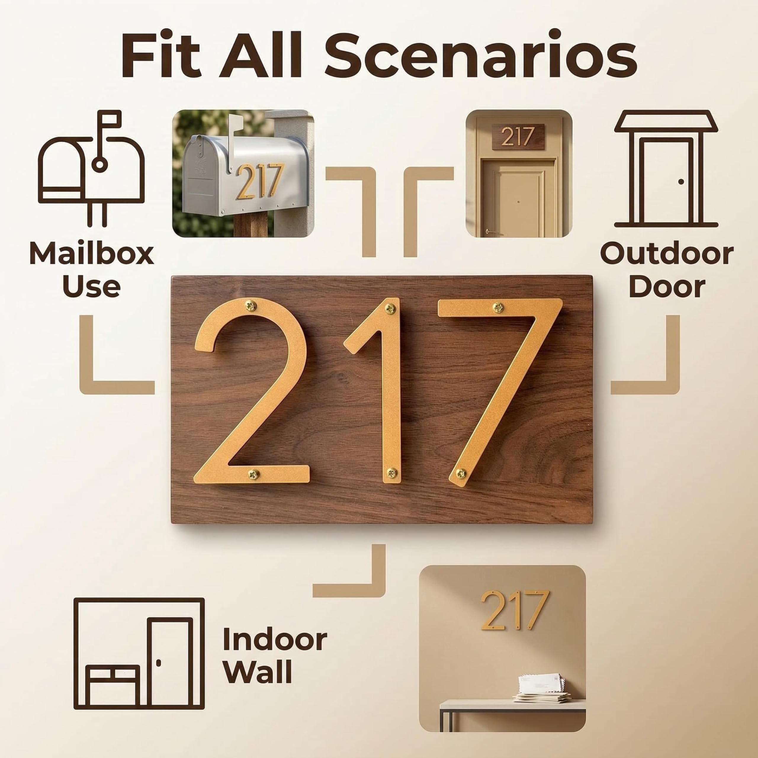 Números de casa de aluminio, números de exterior para el hogar, números de dirección personalizables, metal de aluminio moderno, resistente a la intemperie, fácil instalación (0, 5 pulgadas, dorado)