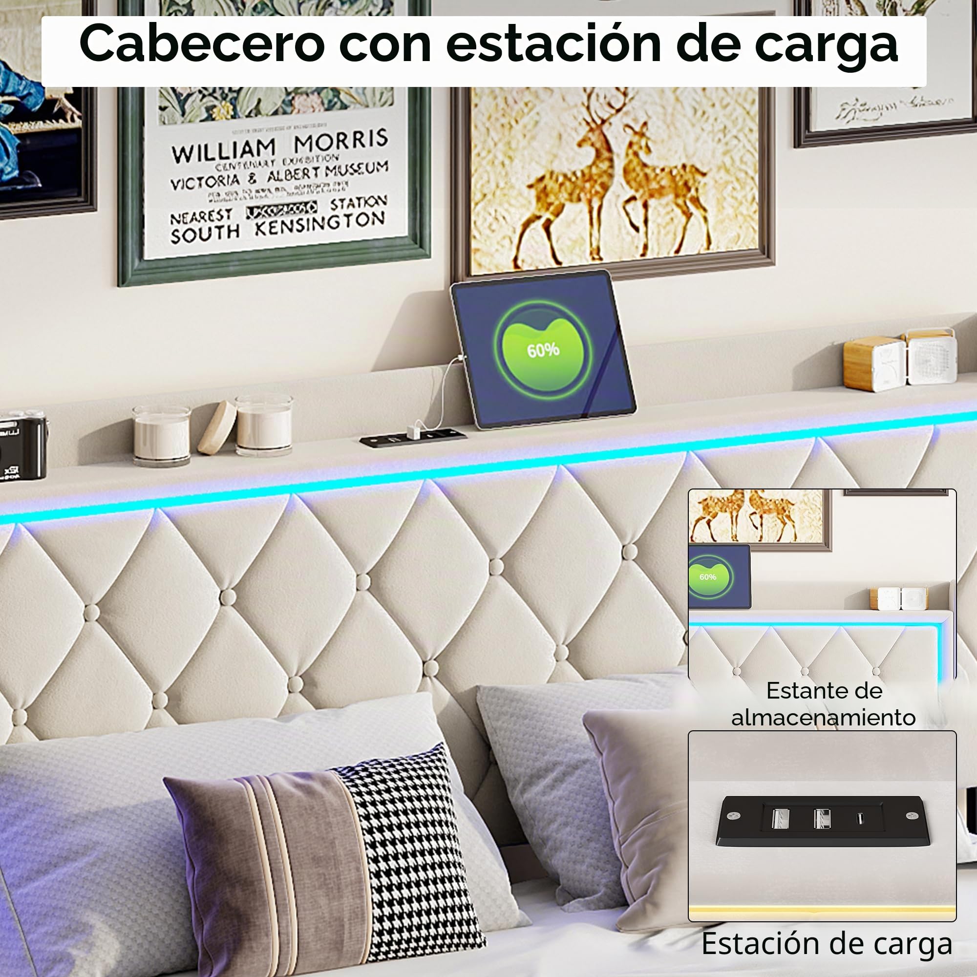 DADEA Cama Matrimonio 140x200 con LED y USB, Camas Matrimoniales con Canapé, Cama Doble Matrimonio Moderna con CabeceroCama Tapizada 140x200 con Almacenaje Camas Adultos con Somier, Sin colchón