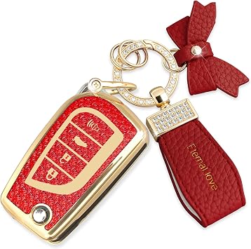 Key Fob Cover with Diamond Keychain Car Key Shell Compatible with Toyota Avalon Camry Corolla Fortuner Highlander Levin Rav4 Sequoia Sienna Tacoma Tundra Yaris 4 Buttons-Red Bowknot