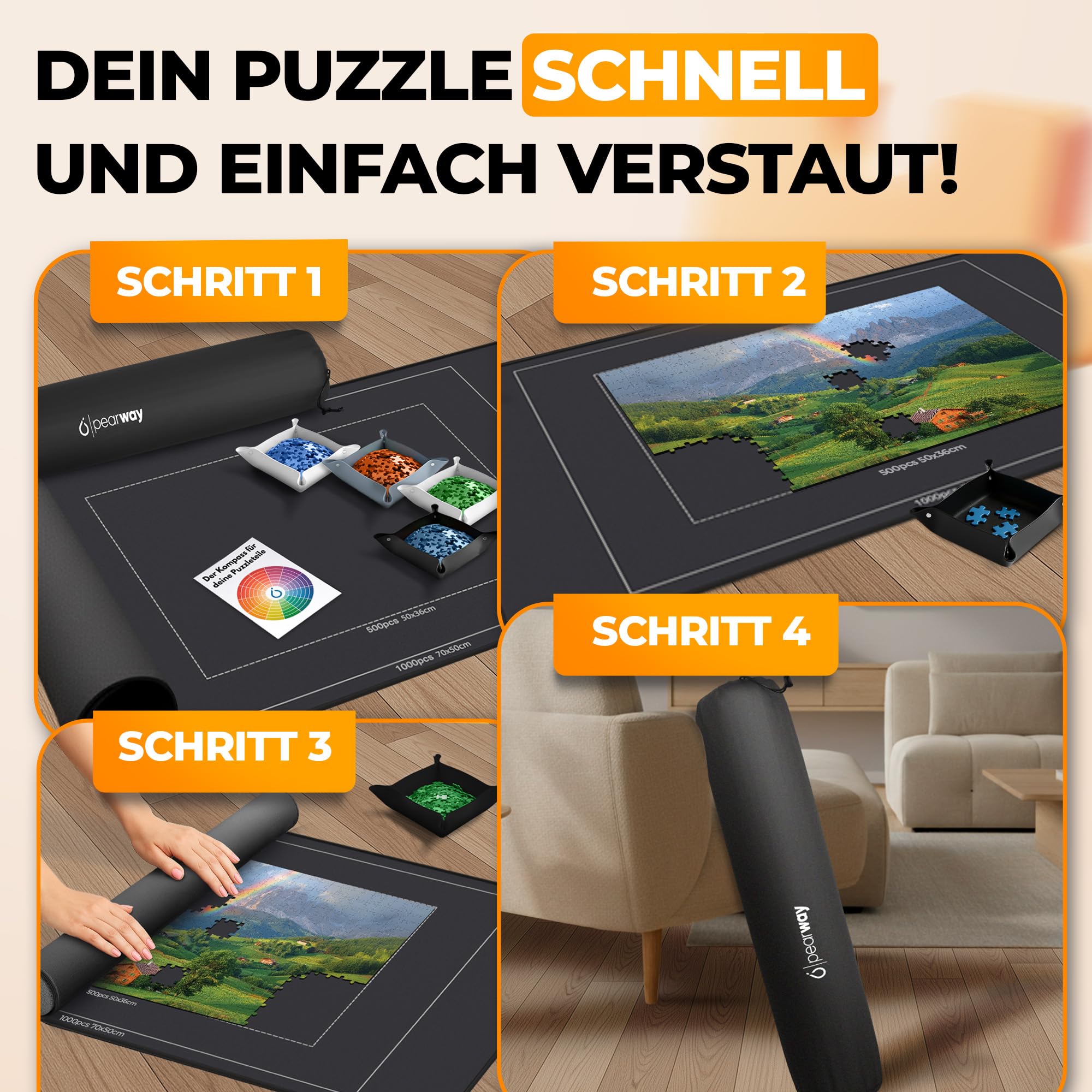 PEARWAY Puzzlematte 1000 Teile zum Aufrollen - inkl. Sortierschalen & sanft gleitender Oberfläche statt rauem Filz - Puzzle Matte - Puzzleunterlage - Puzzleteppich - Puzzlerolle - Puzzle Aufbewahrung