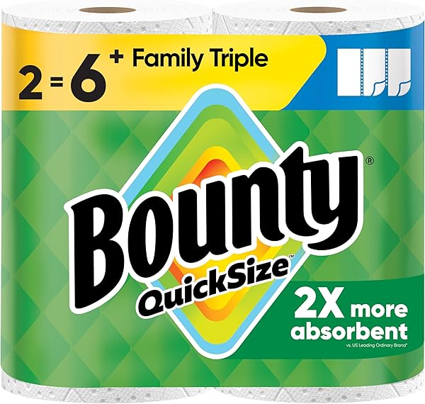 Bounty Paper Towels Quick Size, White, 2 Family Triple Rolls = 6+ Regular Rolls