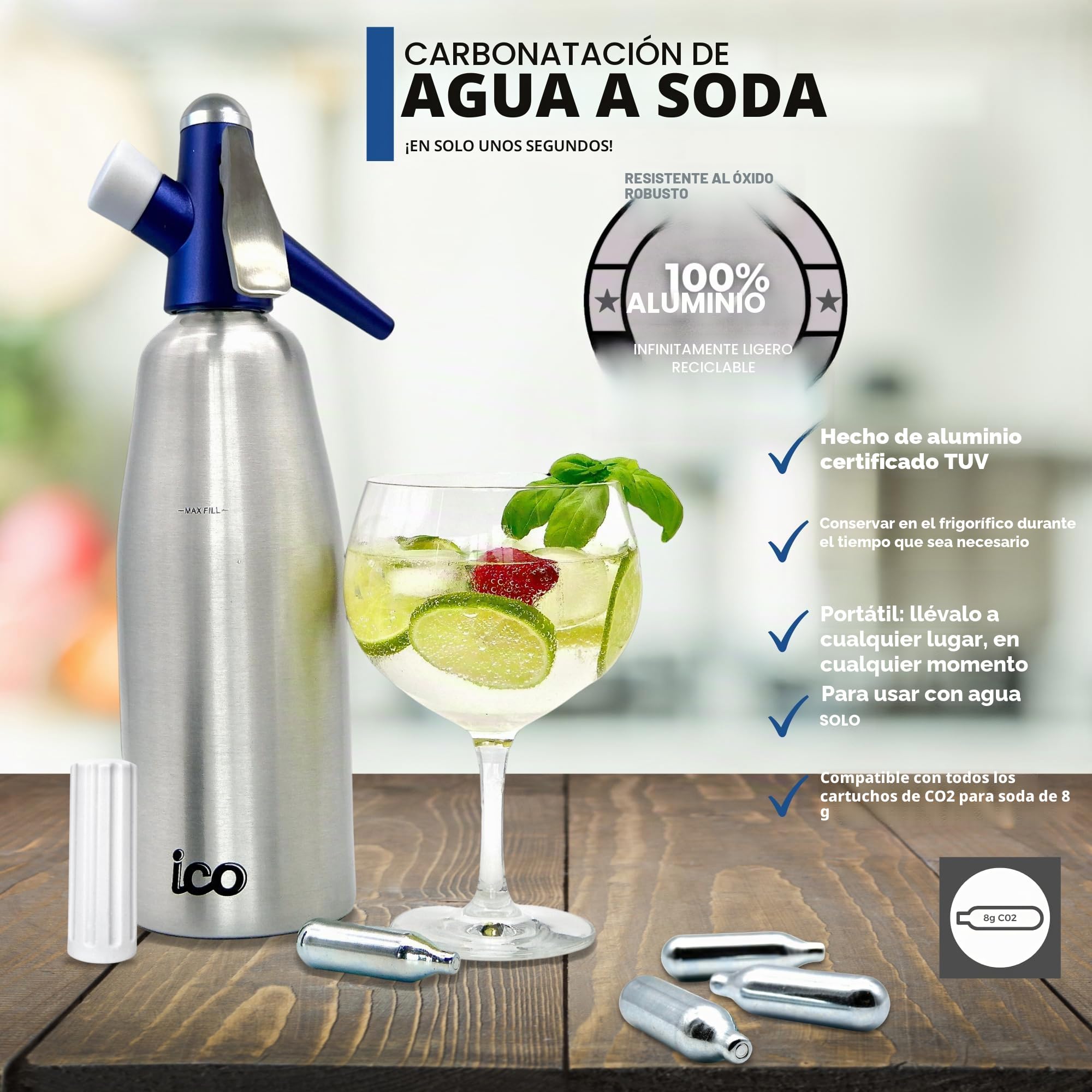 Sifón profesional de soda y agua con gas (1 litro), con libro ilustrado de recetas de cócteles (idioma español no garantizado)