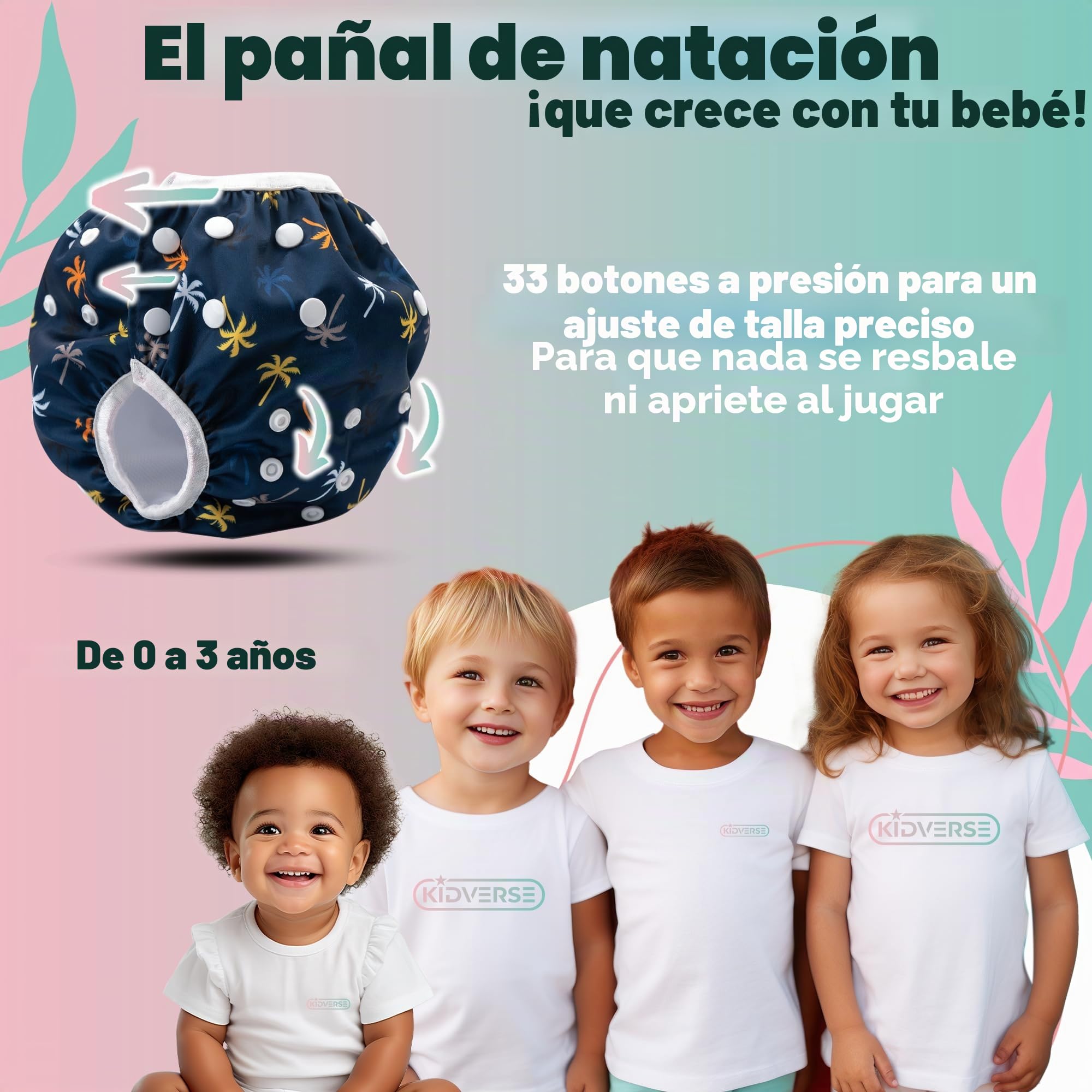 KIDVERSE set de 2 pañales acuáticos para bebés de 0 a 3 años - pañales de piscina reutilizables y suaves para la piel, con bolsa y red para el lavado