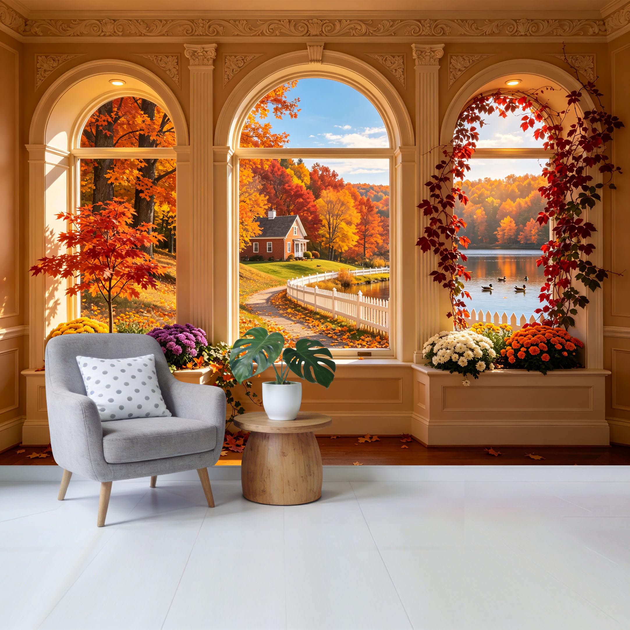 Custom Size Wall Mural Autumn Lake View Landscape Window Scene with Cottage Trees and Flowers Removable Self Adhesive Fabric Home Wall Decor for Living Room Bedroom Bathroom