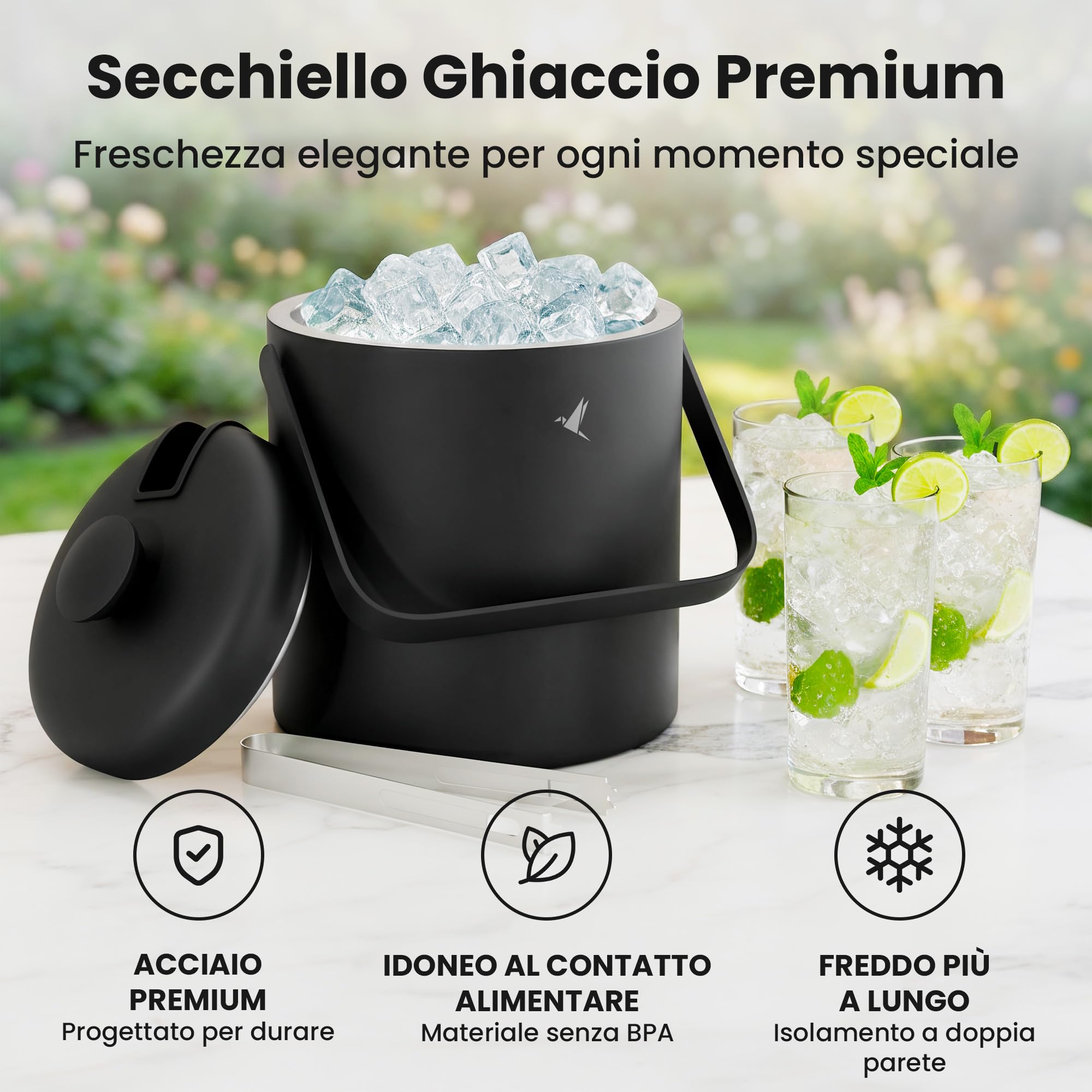 Beyond Secchiello per Ghiaccio con Coperchio e Pinza in Acciaio Inox – Porta Ghiaccio Secchiello Refrigerante Doppia Parete 1,3 Litri, Secchio Ghiaccio, Contenitore per Cubetti di Ghiaccio – Nero