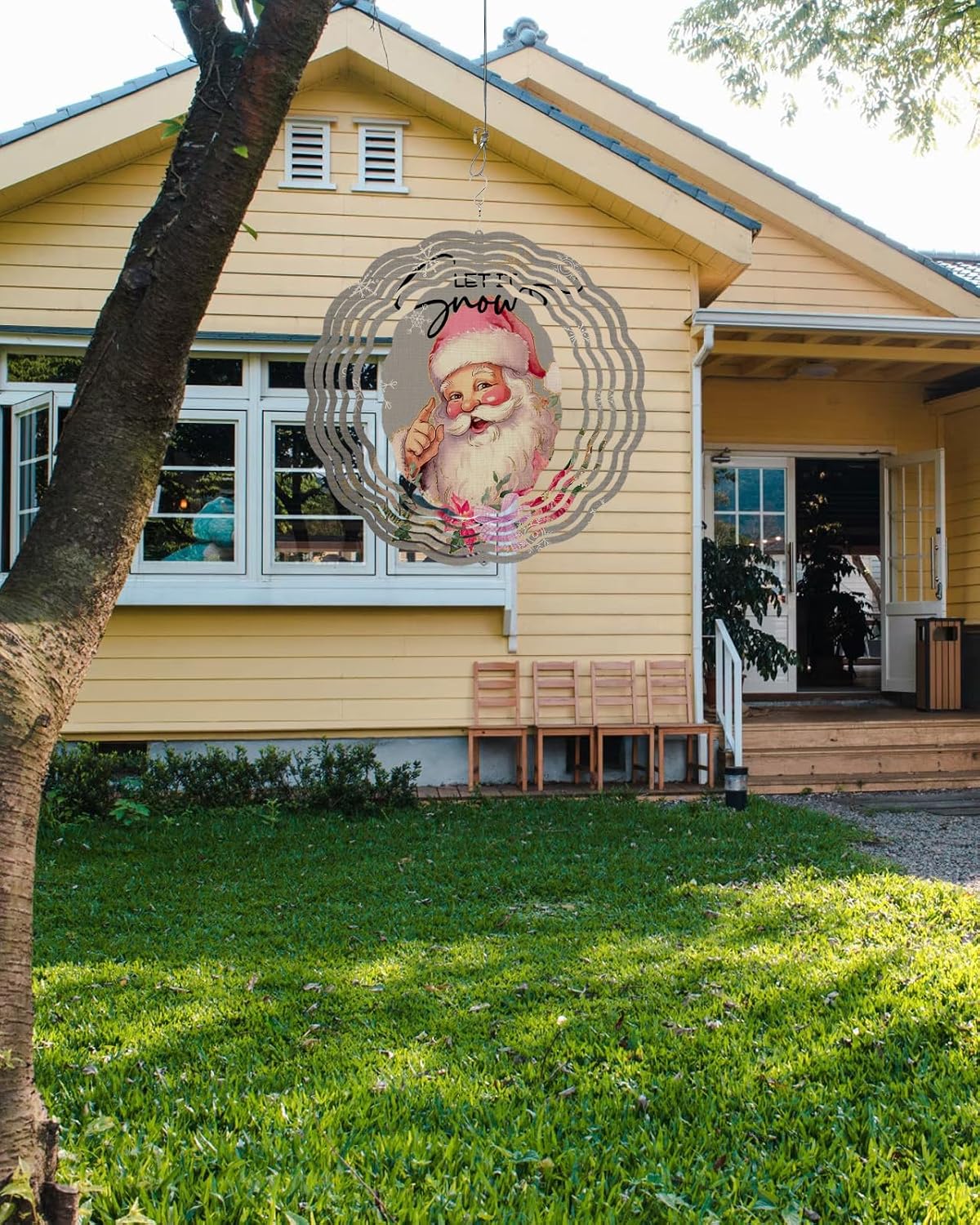 Christmas Wind Spinners, Santa Claus Snowflake Grey Xms Hanging Wind Spinners for Yard and Garden 3D Stainless Steel Metal Sculptures Crafts Ornaments 12 inch