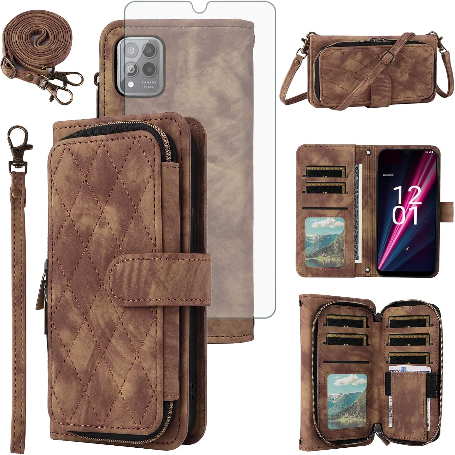 Phone Case for T-Mobile Revvl 6 Pro/6X Pro 5G Wallet Cell Cover with Tempered Glass Screen Protector Crossbody Lanyard Strap Flip Purse Card Holder Tmobile Revel X Tmo Revell T Mobile Rebel TCL Brown
