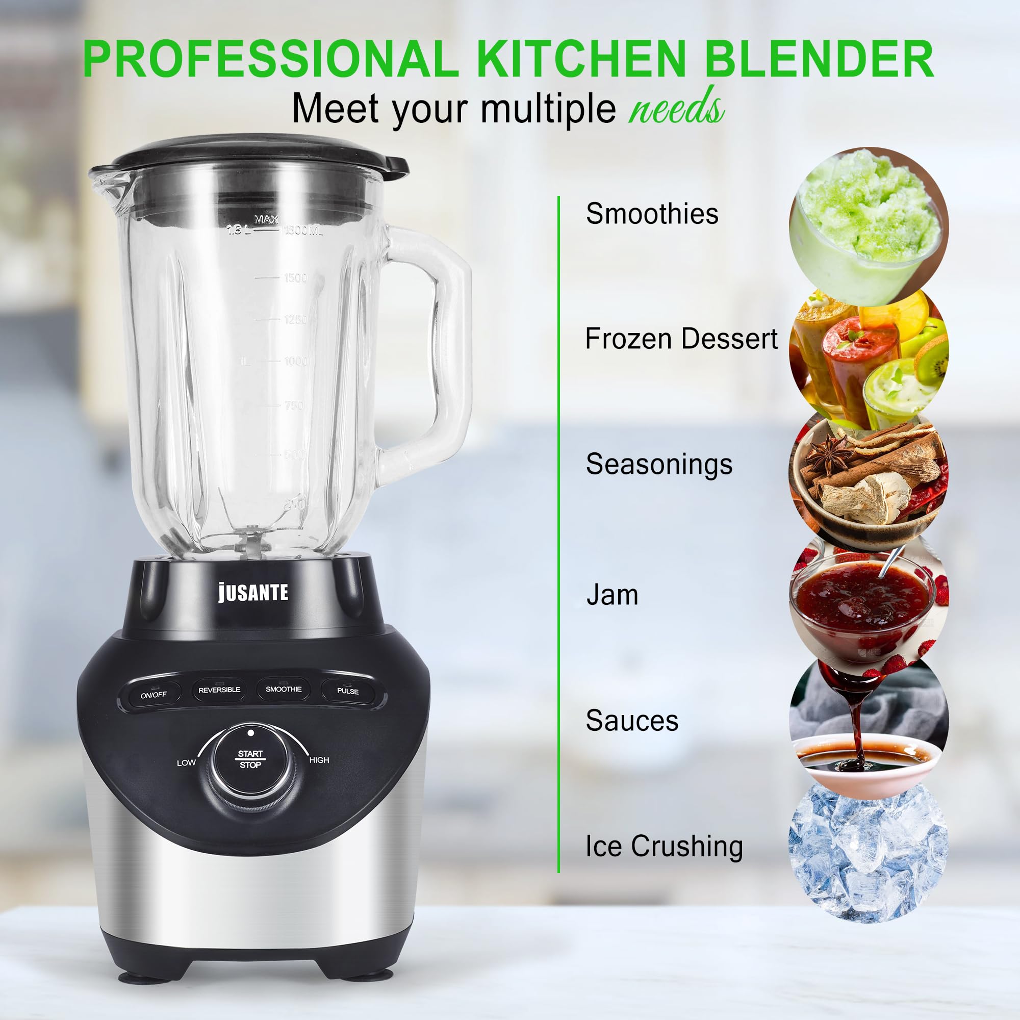JUSANTE Profesjonalny blender o mocy 1200 W i szklanym słoiku o pojemności 1200 W i szklanym słoiku kuchenny blender na blat kuchenny do koktajli i smoothie z dużą prędkością całkowitego kruszenia
