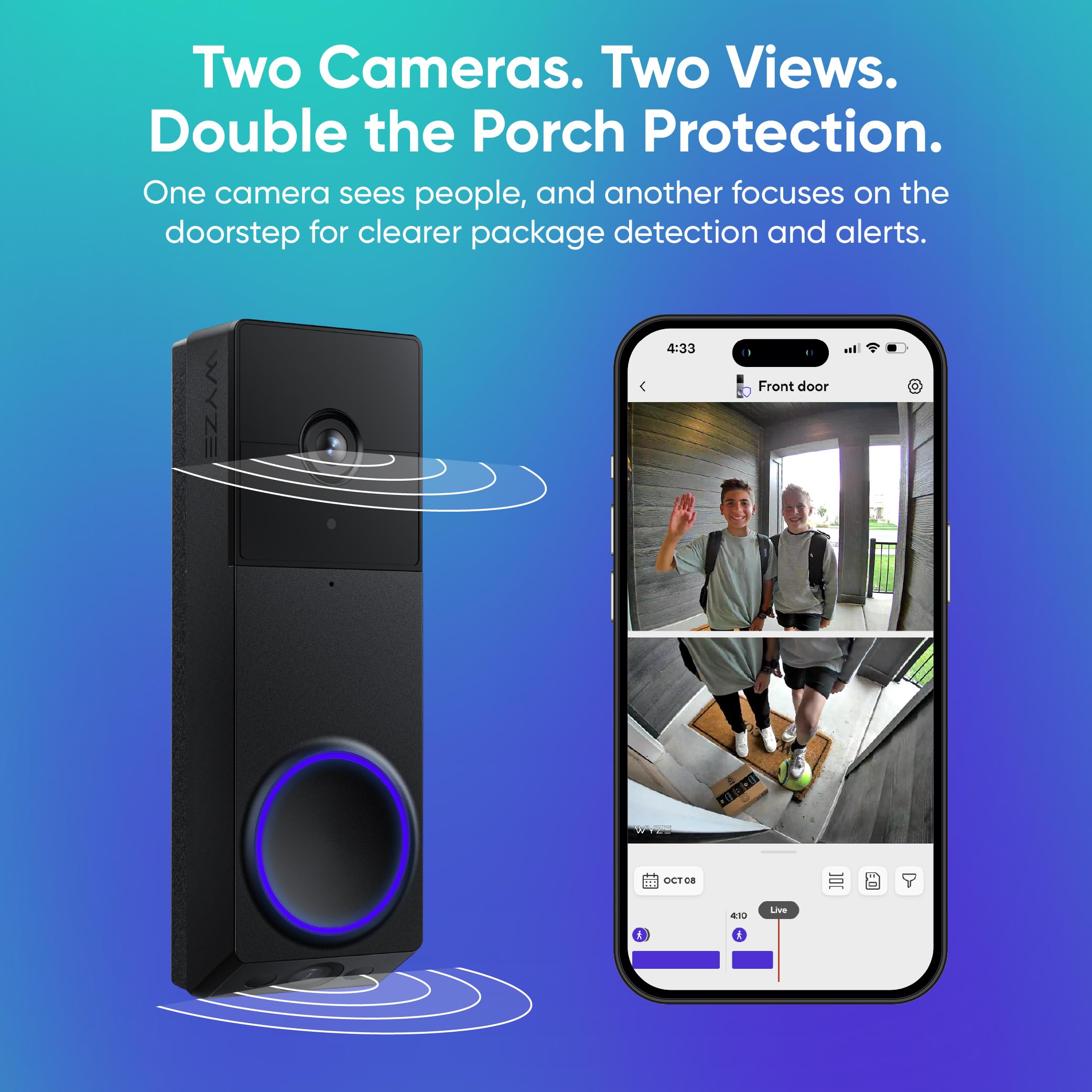 WYZE Wireless Duo Cam Video Doorbell (Chime Included), Battery Powered, 2K Full HD Video, 2 Cameras (People and Package), 2-Way Audio, Color Night Vision: Black