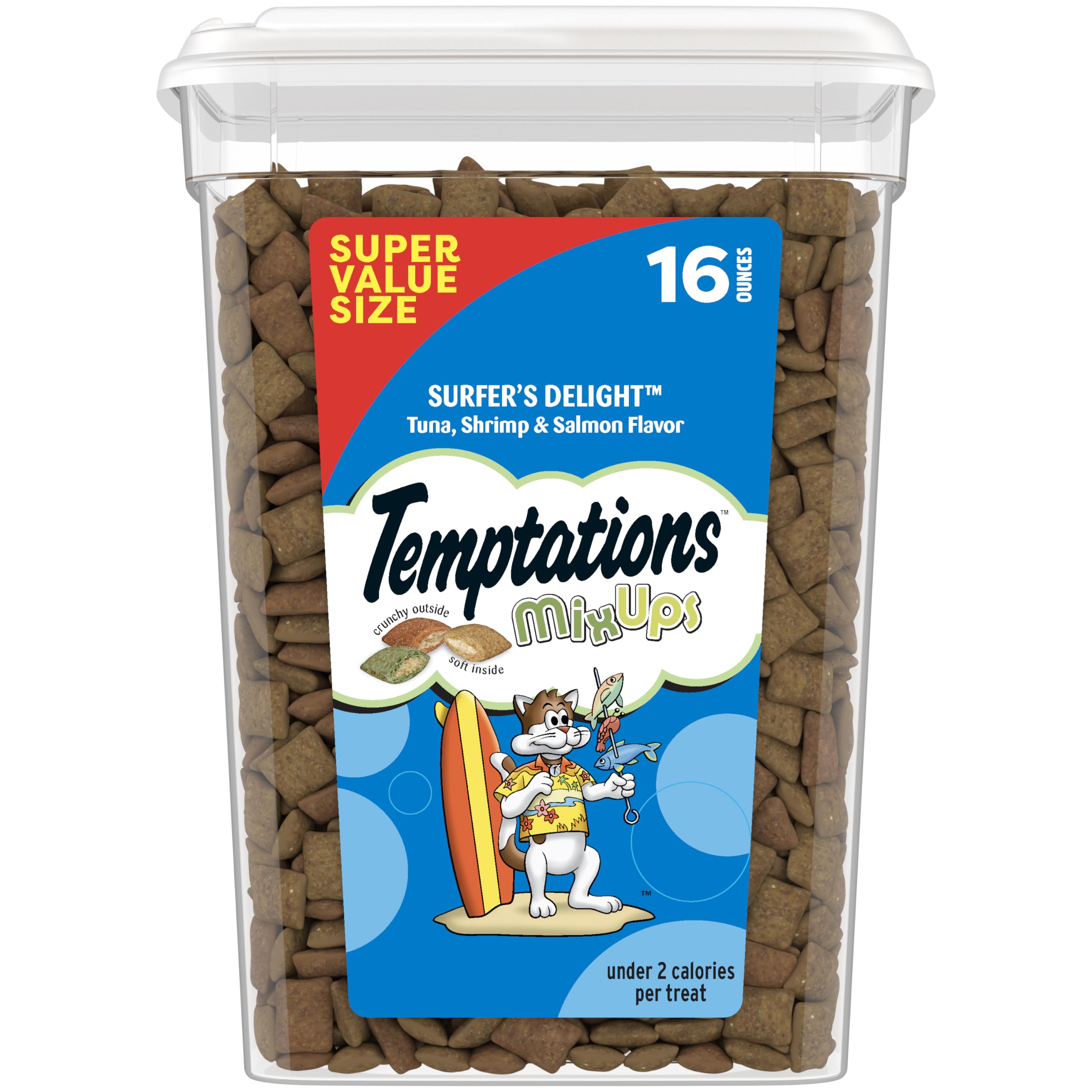 Cat Treats MixUps Surfer's Delight, Tuna, Shrimp, Salmon Flavor, Crunchy and Soft Cat Treats, 16 oz. Tub