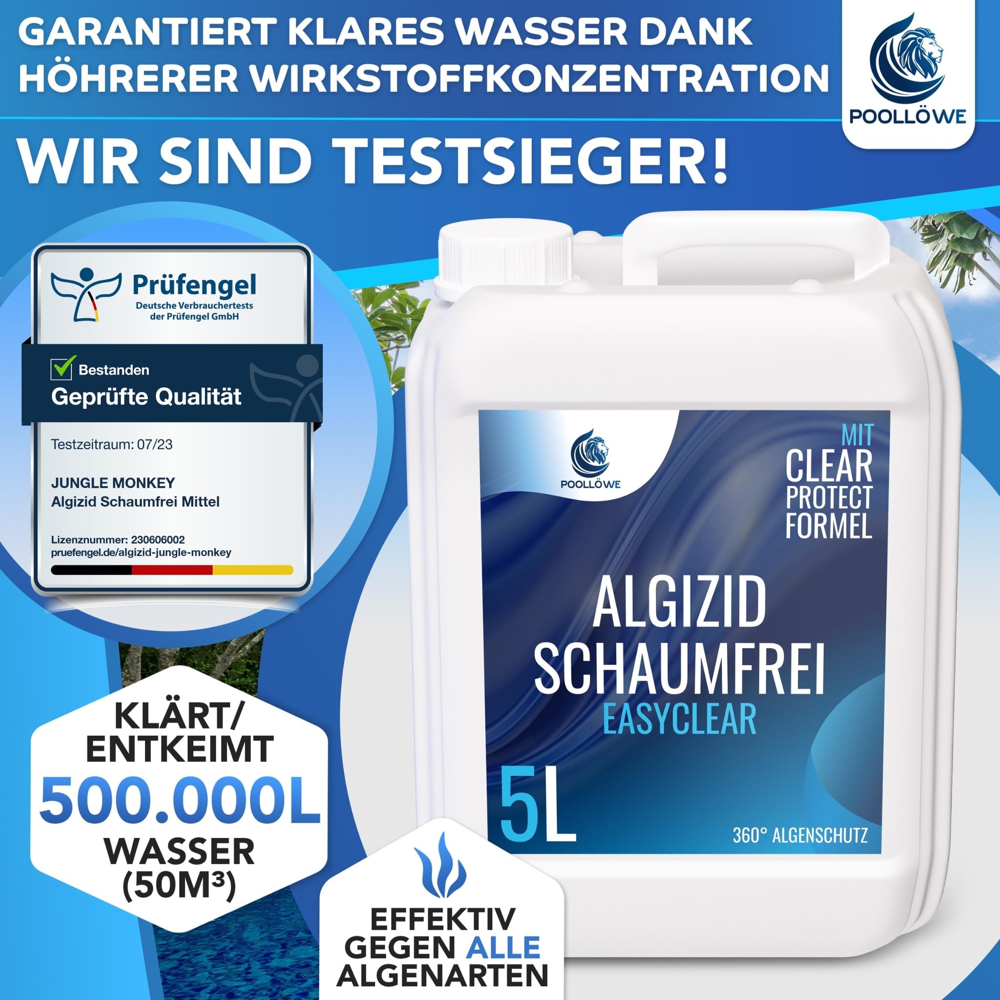 PoolLöwe® Algenvernichter Pool mit Klareffekt 2.0 und [360° Algenschutz] | Algizid für Pool flüssig 5L | Maximaler Algenschutz für Schwimmbad & Whirlpool | Algenfrei Algenmittel Algezid Poolklar