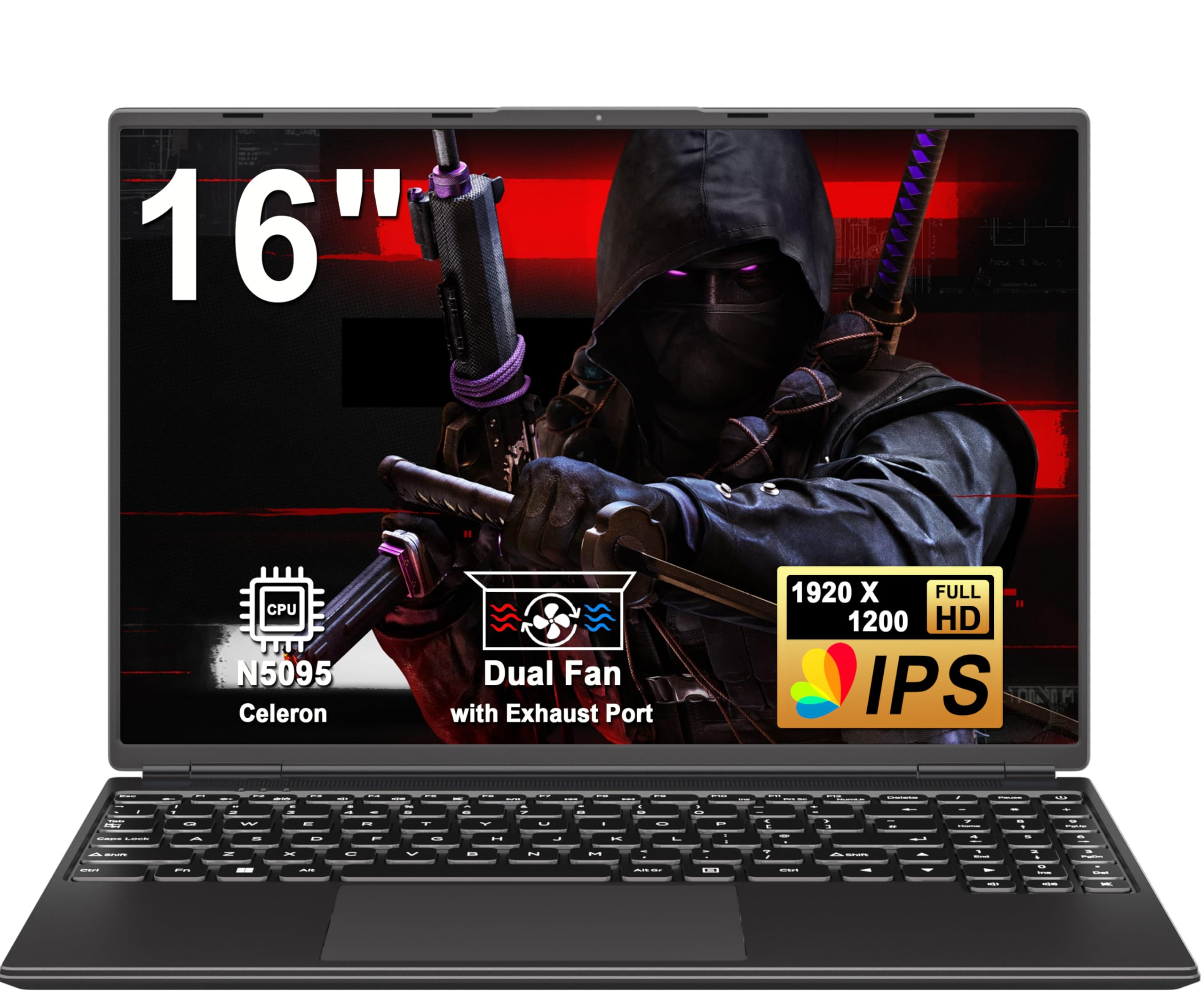 PC Portatile Win 11 Laptop 12+512GB 1TB SSD Espansione, 16 Pollici Notebook Celeron N5095 (fino a 2.9Ghz) 丨Ventola di Raffreddamento丨Supporto 5G WIFI丨1920 * 1200 2K Schermo Doppio- Black