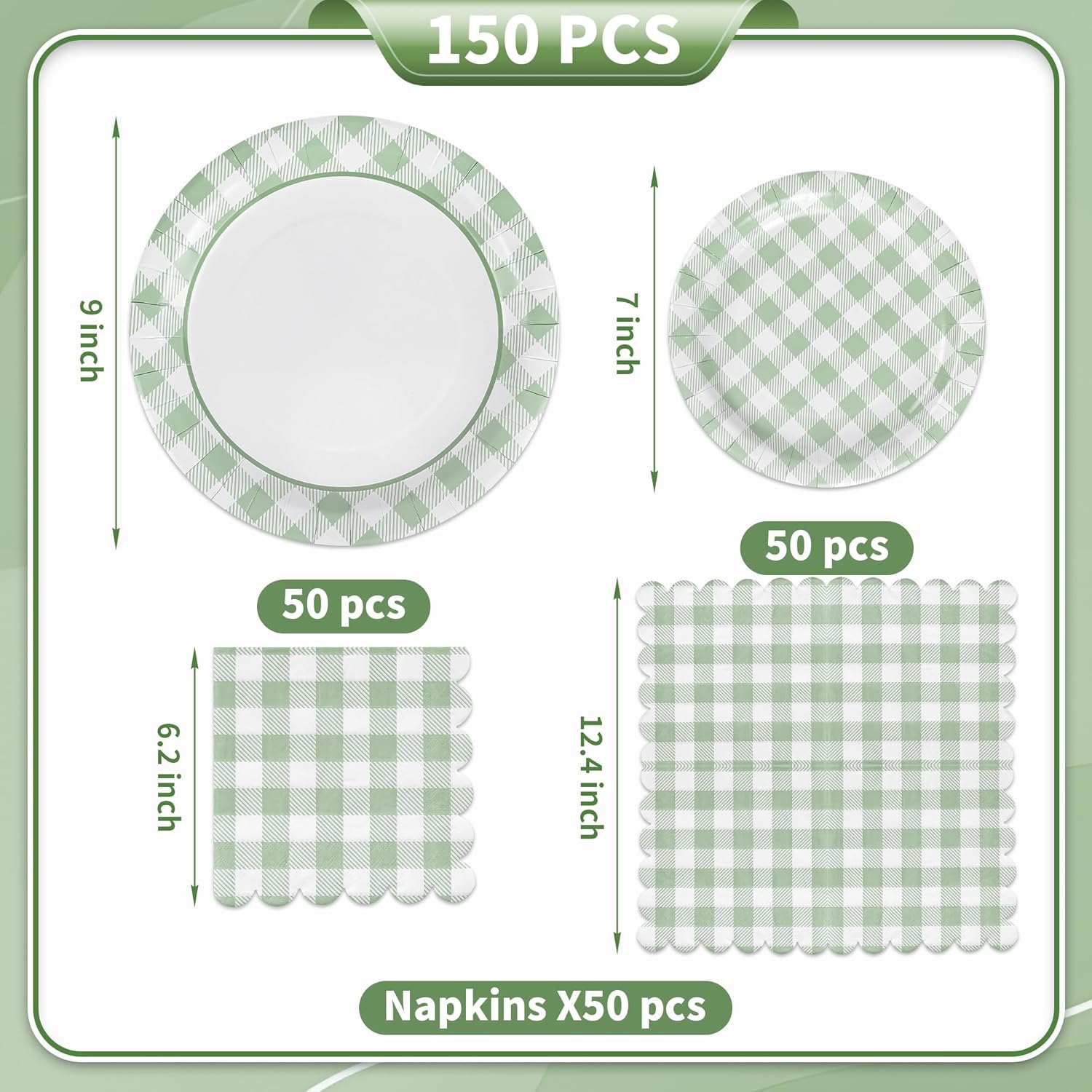 150Pcs Sage Green Gingham Party Supplies Green Gingham Paper Plates and Napkins Greeny Plaid Plates Disposable Green and White Plaid Party Decor for Birthday Family Picnic BBQ Party,Serves 50 Guests - Image 2
