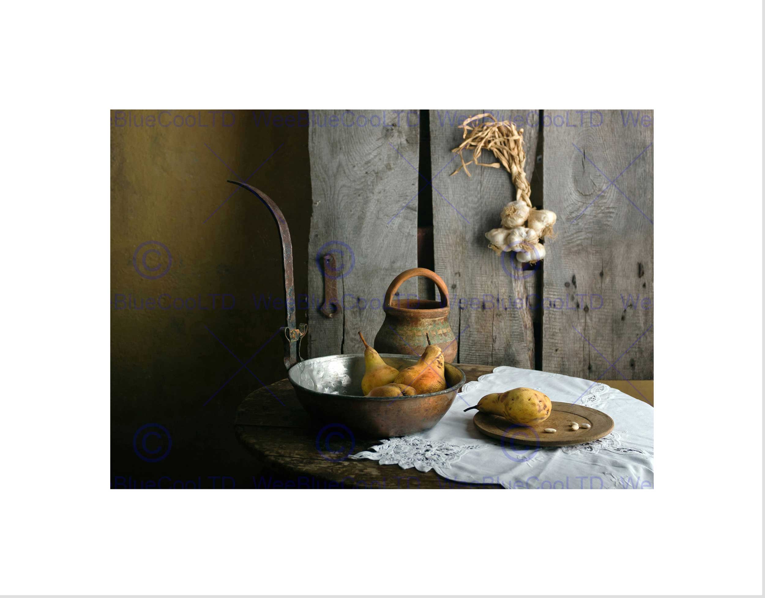 Wee Blue Coo Pears Fruit Still Life Rustic Rural Bowl Garlic Wall Art Print
