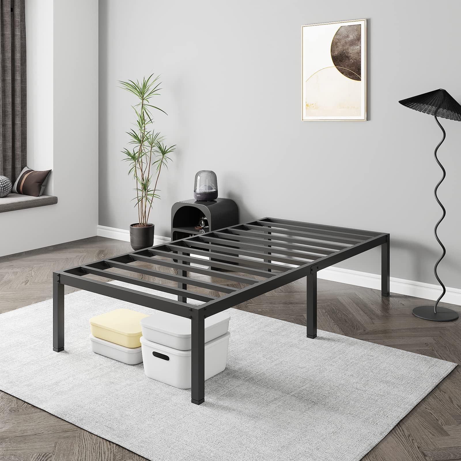 Twin Bed Frame 3000 lbs+, Twin Bed Frame No Box Spring Needed, Heavy Duty Tall Metal Twin Platform Bed Frames with Large Storage Space, Noise Free, Black.