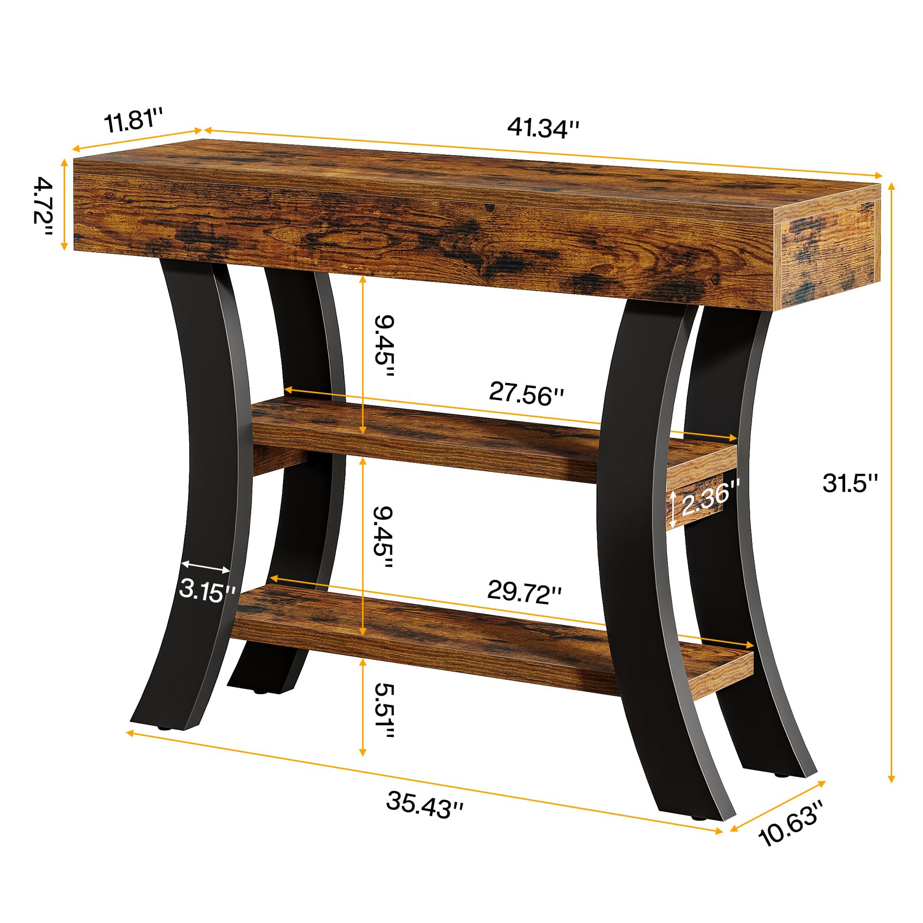 Tribesigns - Tavolo consolle piccolo da 105 cm per l'ingresso, tavolo da salotto rustico a 3 livelli con ripiani e cornice curva per soggiorno, ingresso, corridoio, foyer, marrone rustico