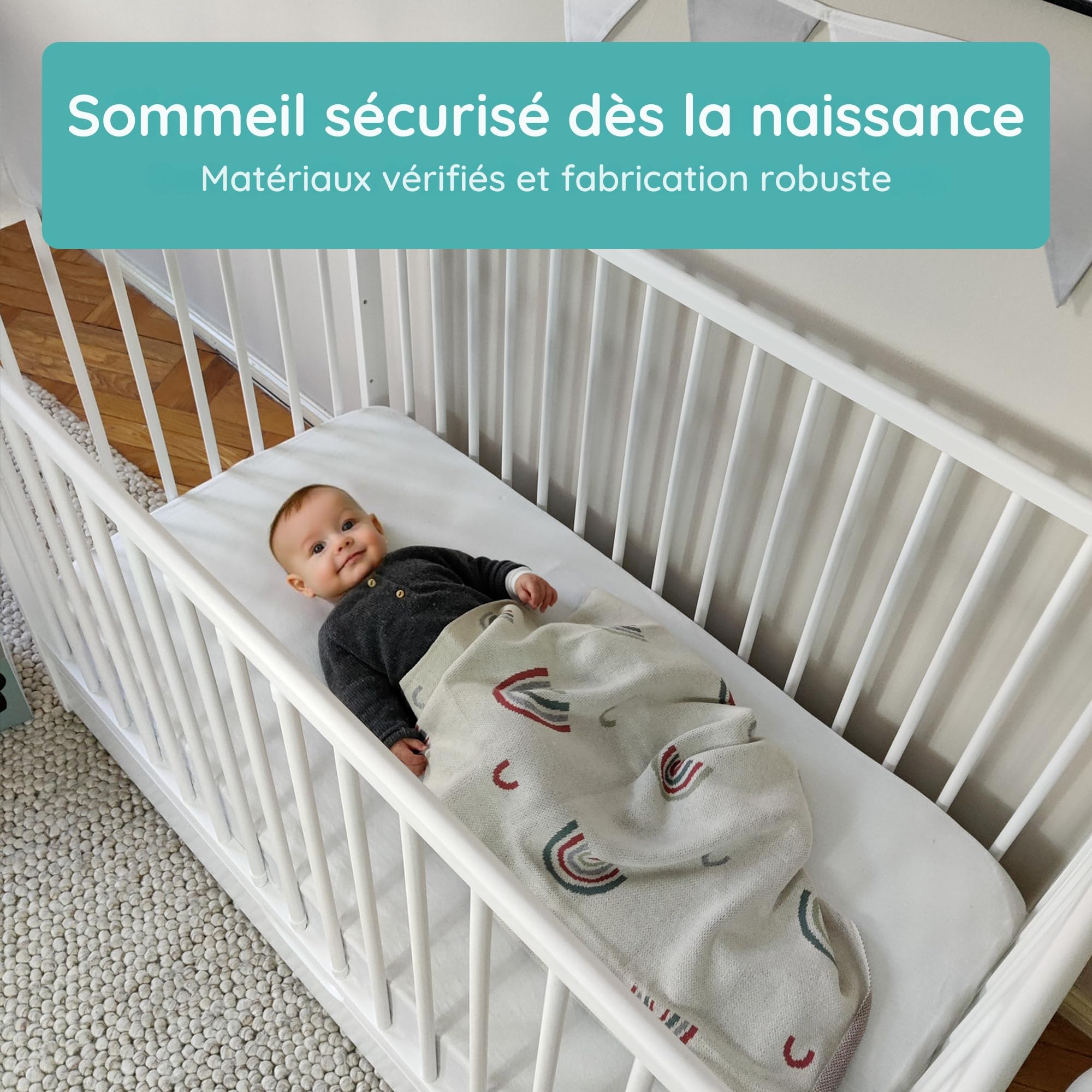 Lit Bébé 60x120 cm Lit à barreaux Évolutif Set Complet avec Matelas et Sommier 3 Hauteurs Tiroir, Barreaux Amovibles | Pin Massif Blanc