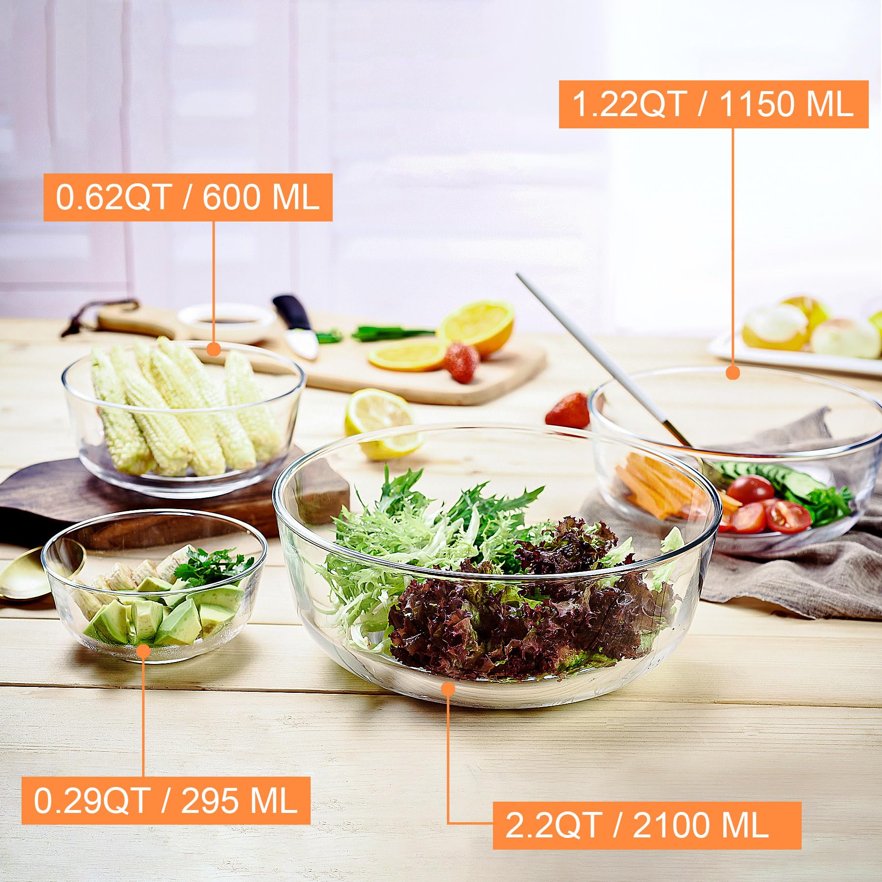 Cuencos de vidrio para mezclar, juego de 4 cuencos de vidrio, apilables, para preparar, hornear, cocinar y servir, aptos para lavavajillas, microondas y congelador (0.31QT, 0.68QT, 1.28QT