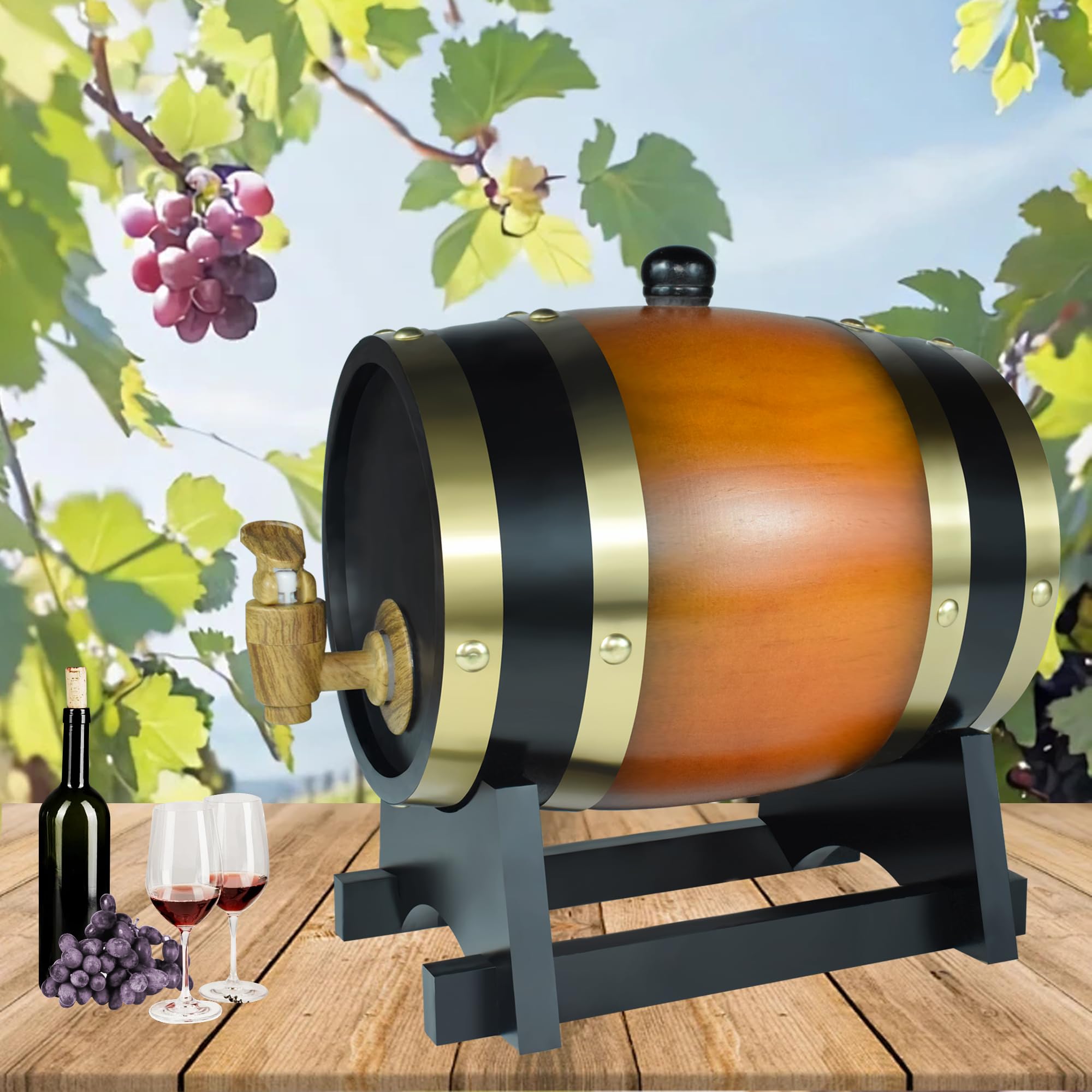 1.5L Whiskey Barrel Wine Barrel Wooden Whiskey Dispenser with Baked Oak Chips Aging Barrels Mini Keg Wine Bucket Decor for Table Bar Home Kitchen Restaurant BBQ Gifts for Men, Brown
