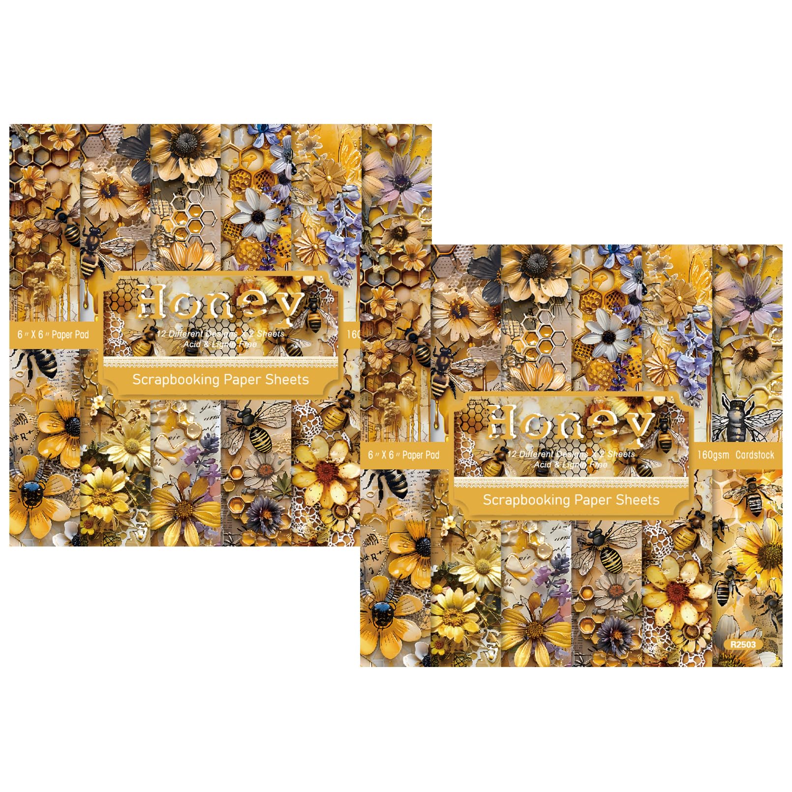 ZAKHSE Scrapbook Paper Pad 6x6, 48 Sheets Flower and Bee Pattern Single Sided Scrapbooking Papers, Gold Spring Theme Cardstock 160gsm Decorative Craft