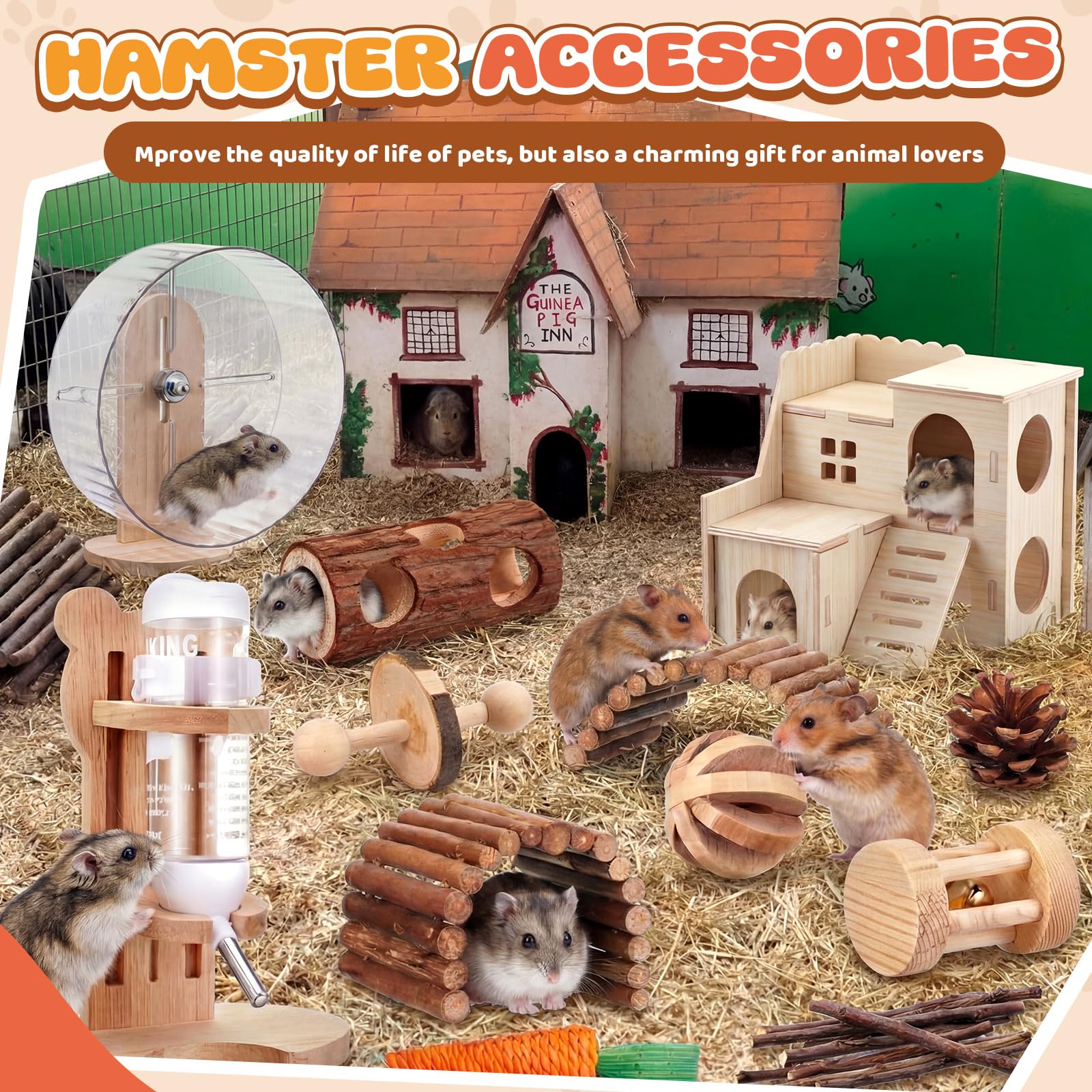 Sonwyoung 18 Pcs Hamster Cage Accessories, Silent Hamster Wheel, Chew Toys Set, Maze Wood House and Water Bottle Set for Rat Mice Small Animals Habitat (Natural Log Style) - image 7