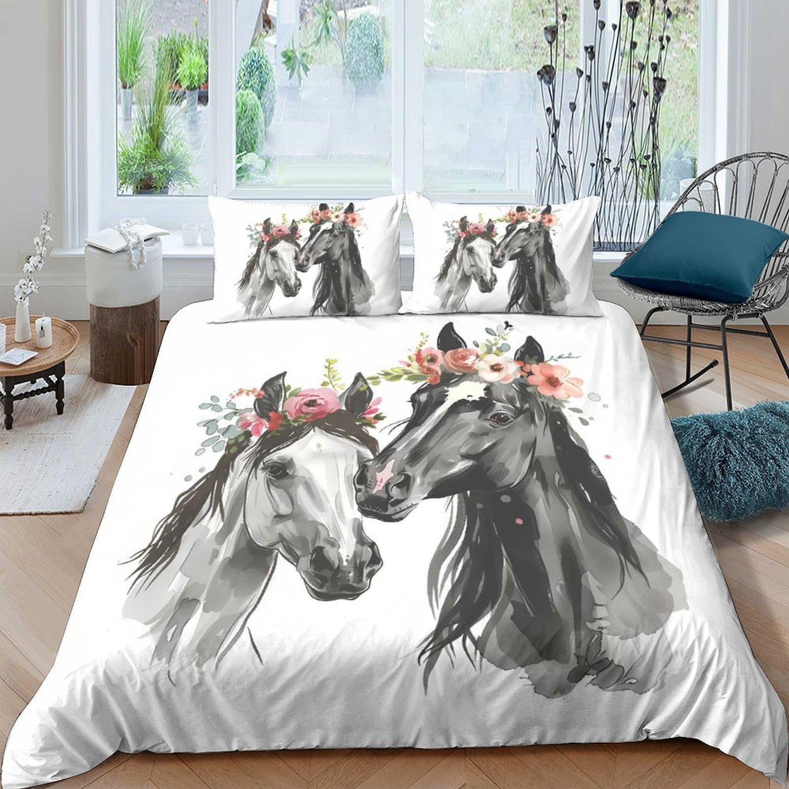 Ctjqhvkz Style-5 3D Printed Horse Floral Fitted Sheet Microfiber Soft Breathable Black White Horses Bed Cover Bedroom Decor Single（135X200cm）
