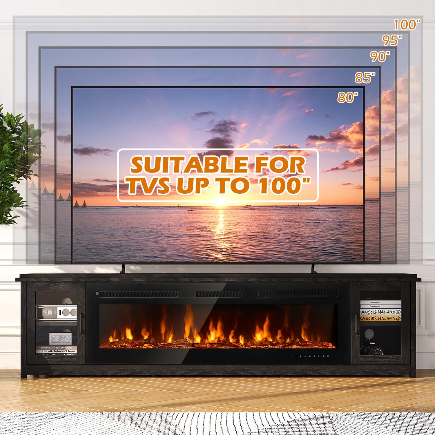 MXV 90" Fireplace TV Stand, Modern Entertainment Center with 60 Inch Electric Fireplace, Adjustable Shelf & Glass Door, Fire Place with WI-FI Enabled, TV Console for Living Room, Black