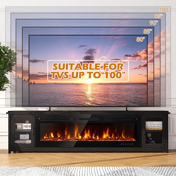 oneinmil 90 Fireplace TV Stand, 60 Inch Electric Fireplace & Modern Entertainment Center, TV Console for TVs Up to 100, Fire Place TV Stands for Living Room, Black