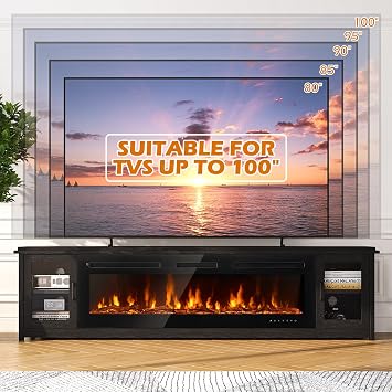 oneinmil 90 Fireplace TV Stand, 60 Inch Electric Fireplace & Modern Entertainment Center, TV Console for TVs Up to 100, Fire Place TV Stands for Living Room, Black