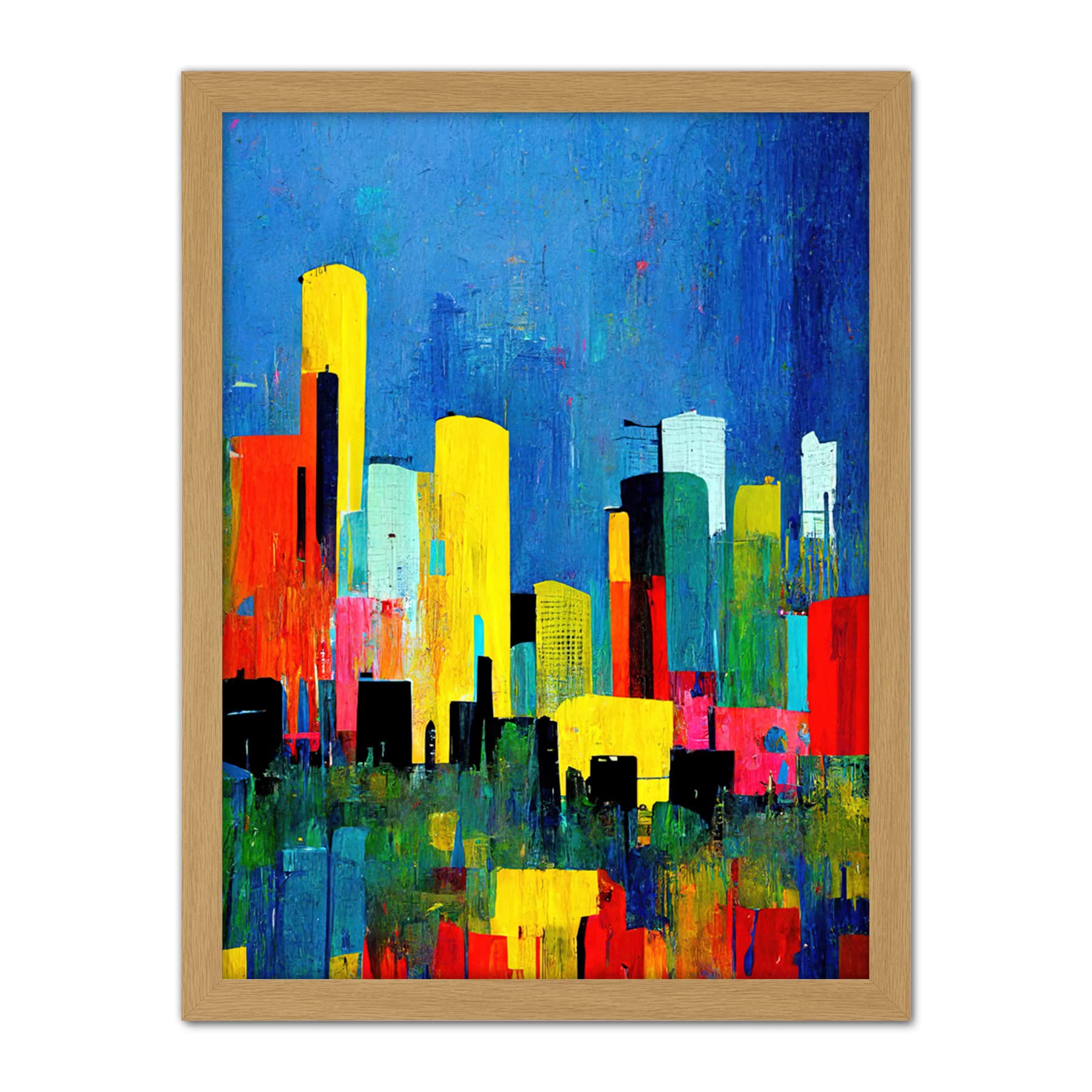 Wee Blue Coo Abstract Bright Midcentury Style Colourful Cityscape Skyline Painting Blue Red Yellow Teal Artwork Framed Wall Art Print 18X24 Inch