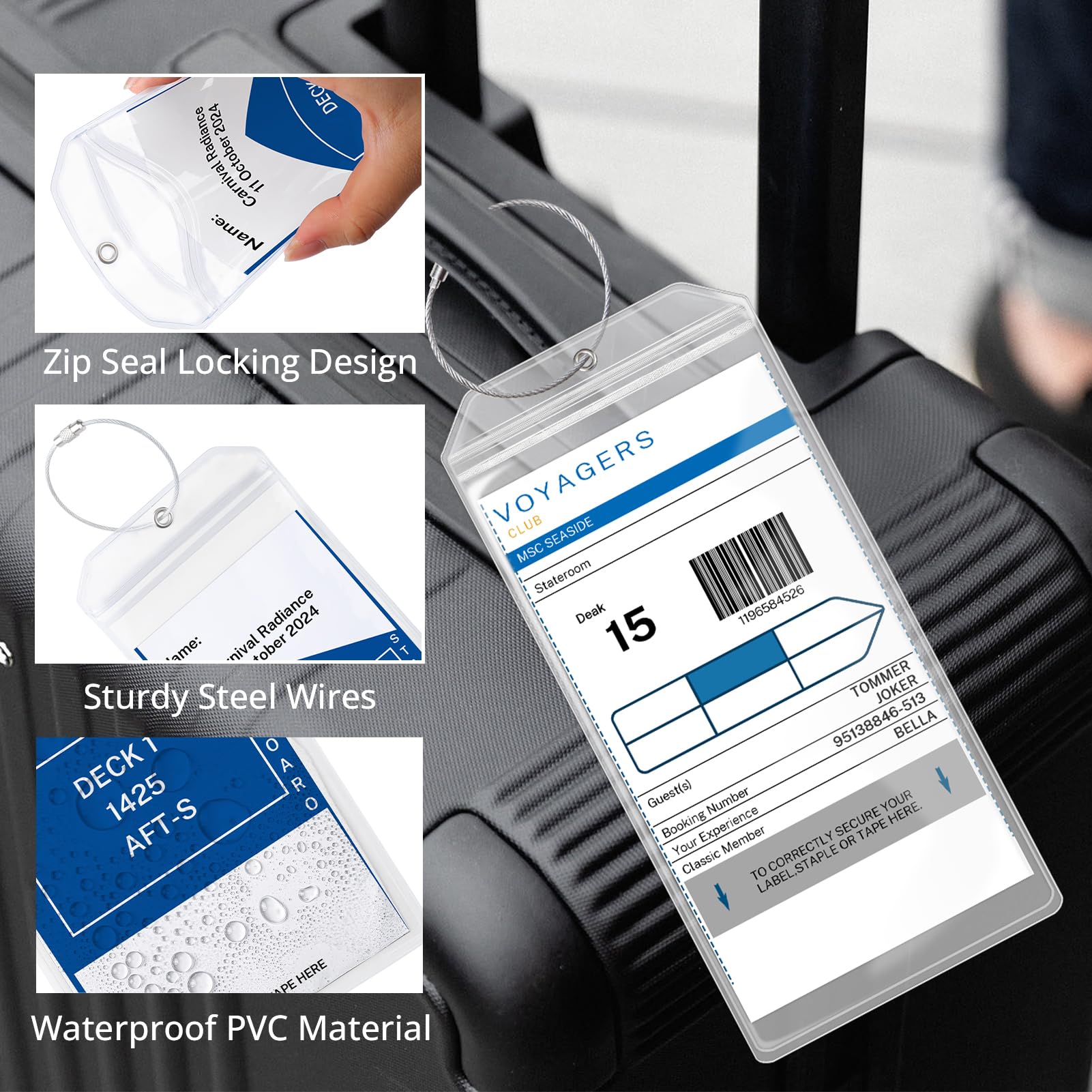 6 Étiquettes Bagage Croisière Transparentes - Porte-Documents Étanche PVC - Boucles Acier